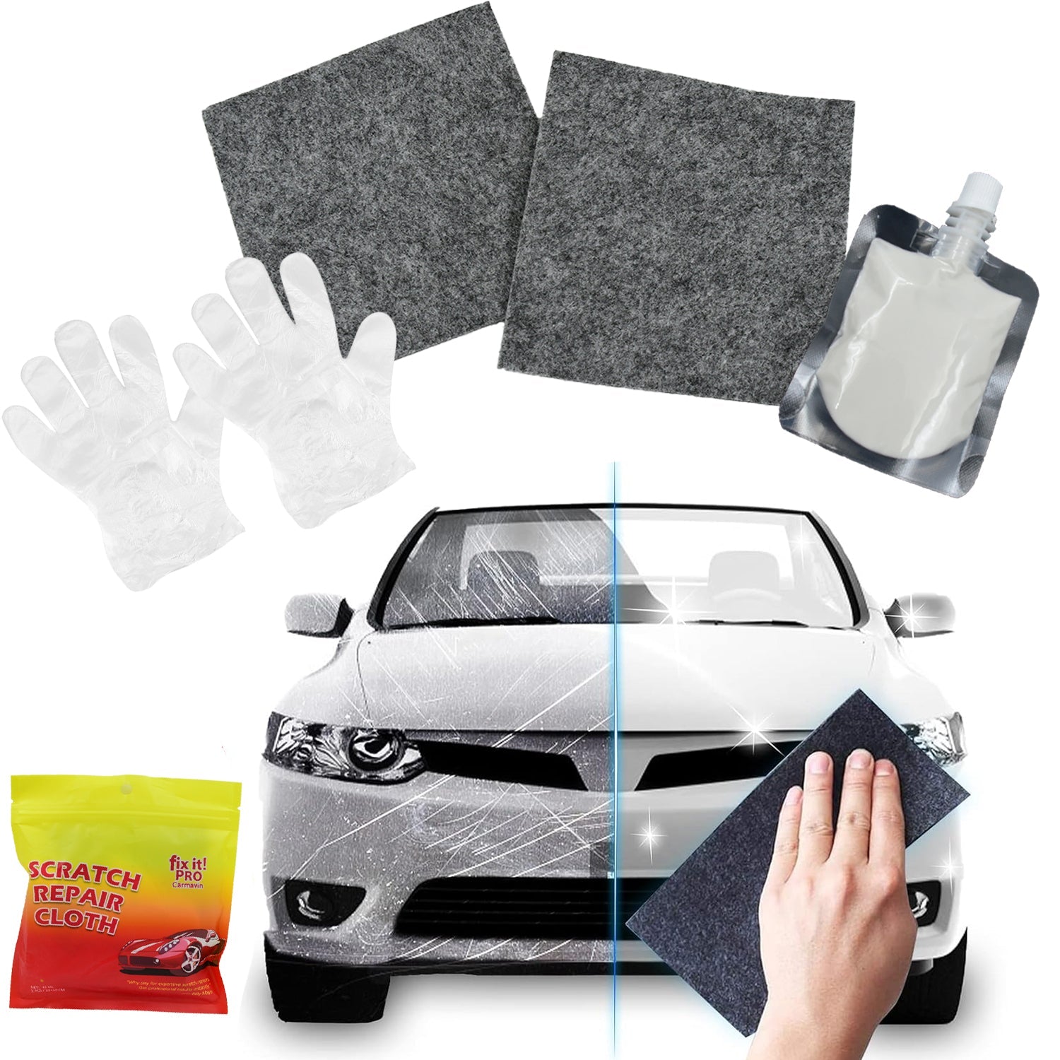 Nano Magic Car Scratch Remover Cloth, Multipurpose Scratch Repair Cloth, Cloth for Car Paint Scratch Repair, Easy to Repair Slight Scratches on the Surface Polishing Repeatable Use for All Kinds of Car (45 ML Repair Solution, 2 Gloves, 2 nano Cloth) - Bhavnagar Deodap