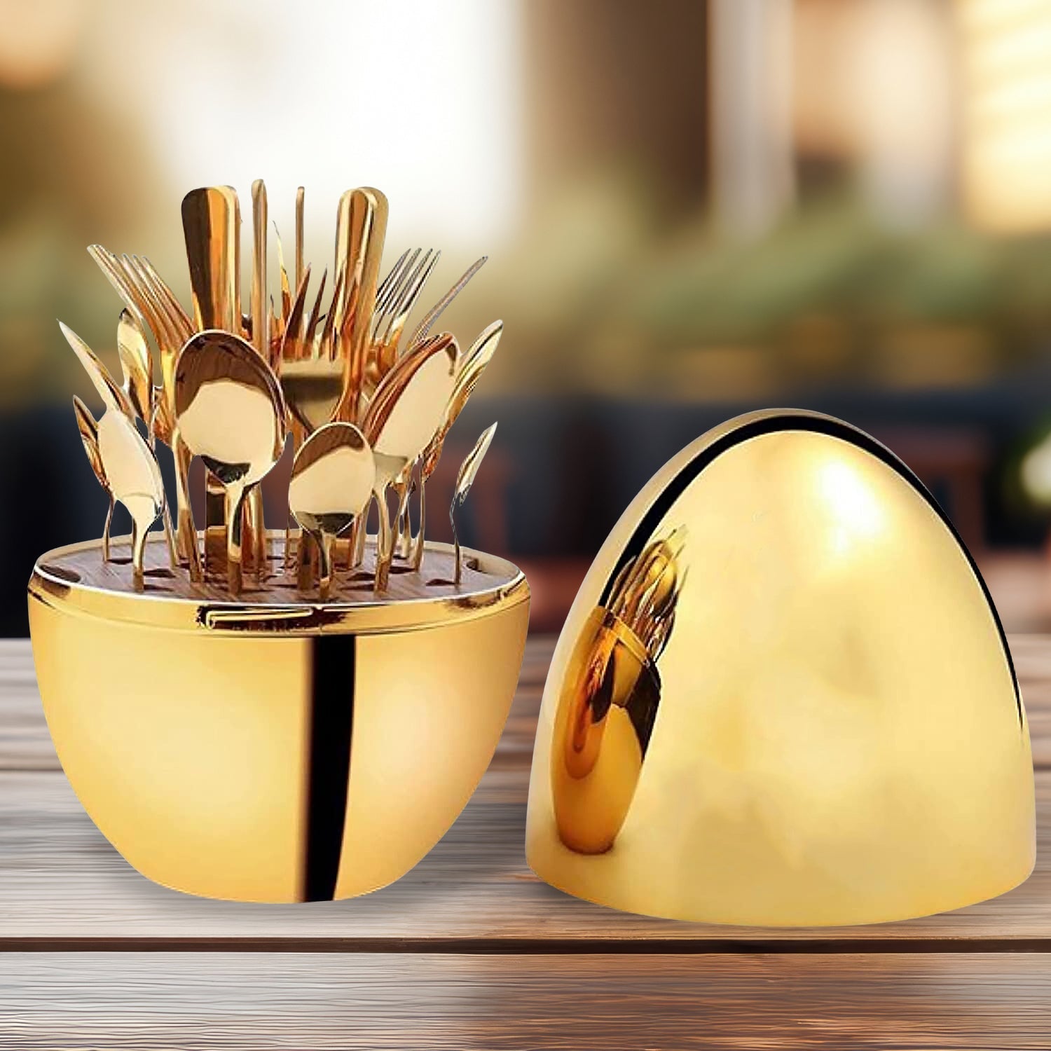 Beautiful Stylish Oval Designed Cutlery Sets, Egg-Shaped Luxury Spoon Holder Set  (Golden / 24 pcs set) - Bhavnagar Deodap