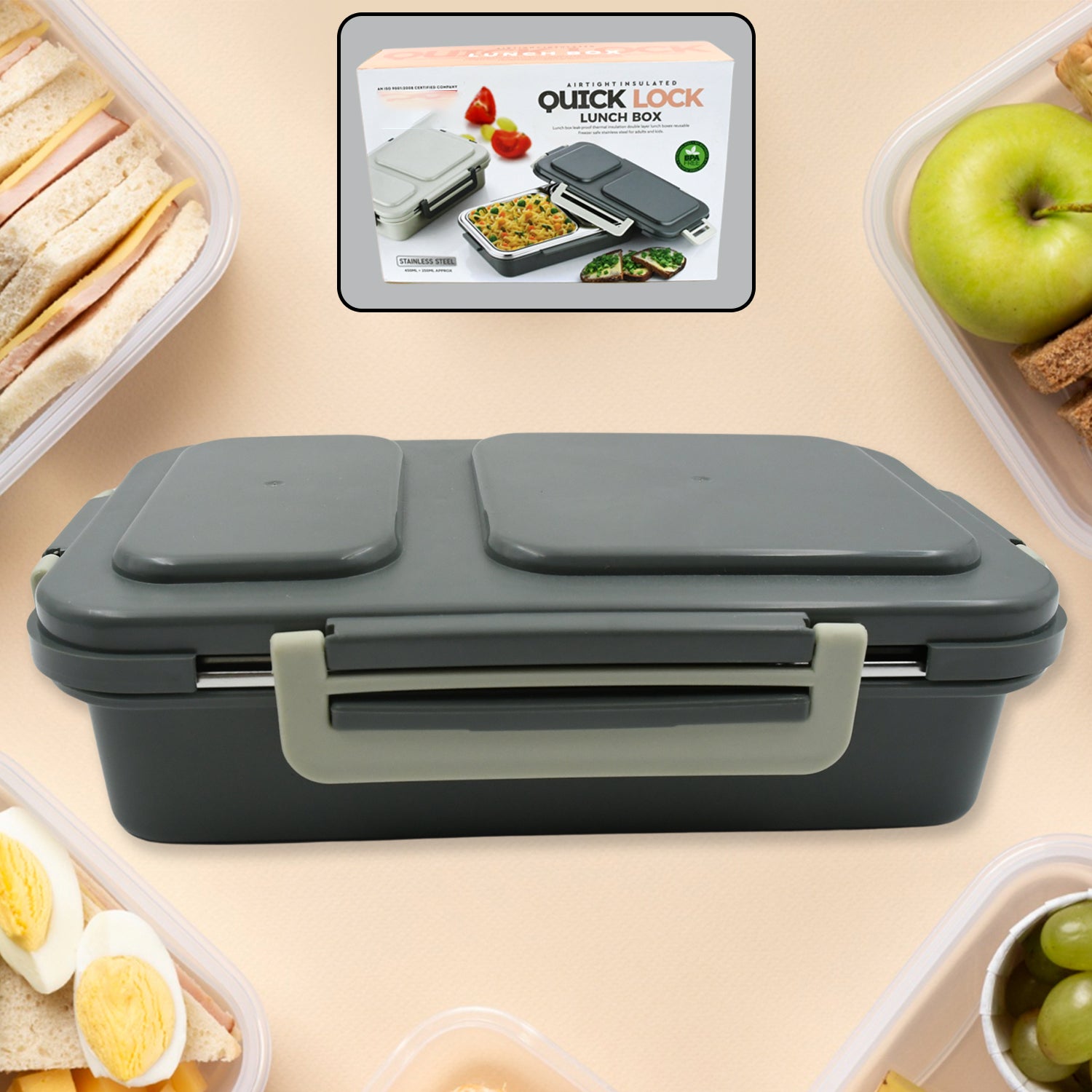 Miracle Quick Lock Leak Proof 2 Compartment Stainless Steel LUNCH BOX Inner Plate Reusable Microwave Freezer Safe Lunch Box Trendy Thermal Insulation Leak Proof for Office Vacuum Tiffin Box for Boys / Girls / School / Office Women and Men  - Bhavnagar Deodap