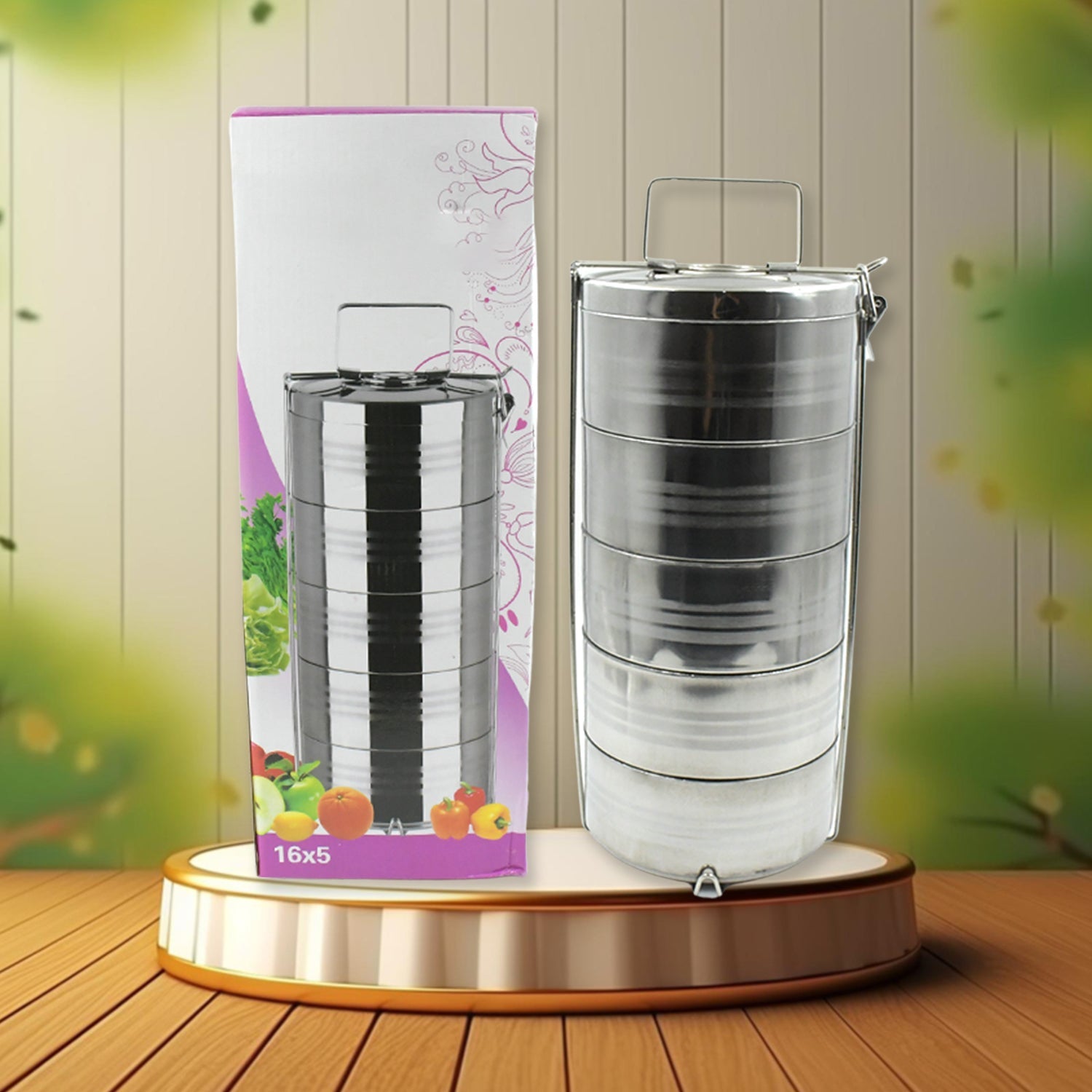 5 Compartment Lunch Box (Stainless Steel): Round Tiffin, Leakproof (16x5") - Bhavnagar Deodap