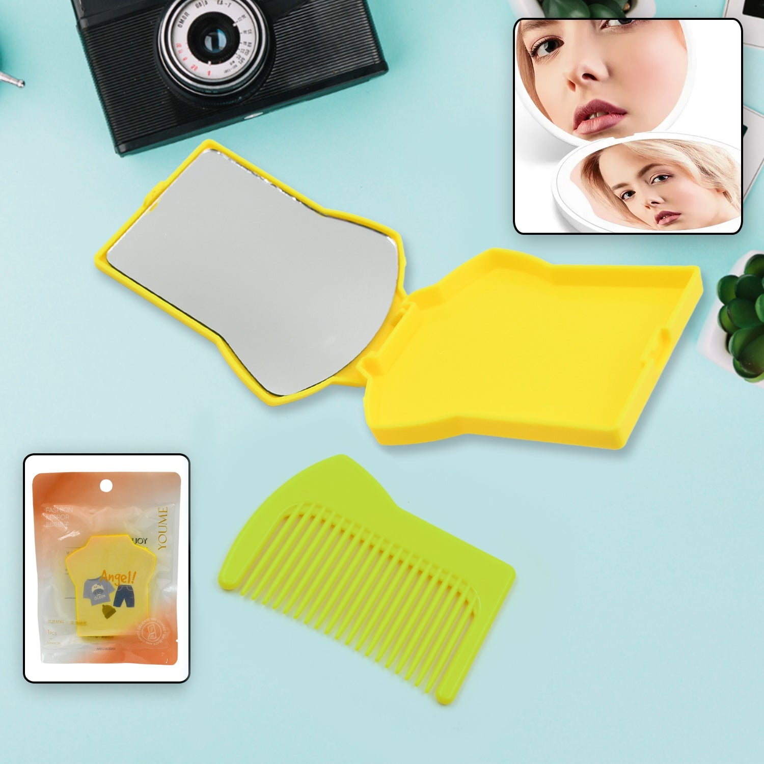 Combo Of Hair Comb And Mirror Set For Women And Girls Casual And Travelling Use Folding Pocket Hairbrush, Mini Hair Comb Compact Travel Size, Hair Massage Comb, For Men Women And Girls - Bhavnagar Deodap