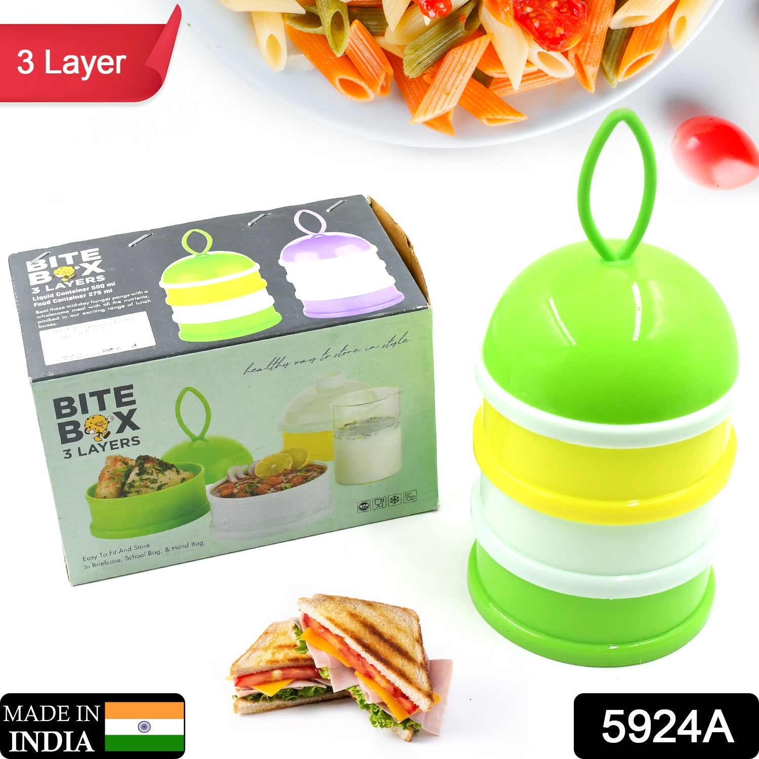 3 Layer Lunch Box Unique Design Bite Lunch Box With Liquid & Food Container Lunch Box (Green) - Bhavnagar Deodap