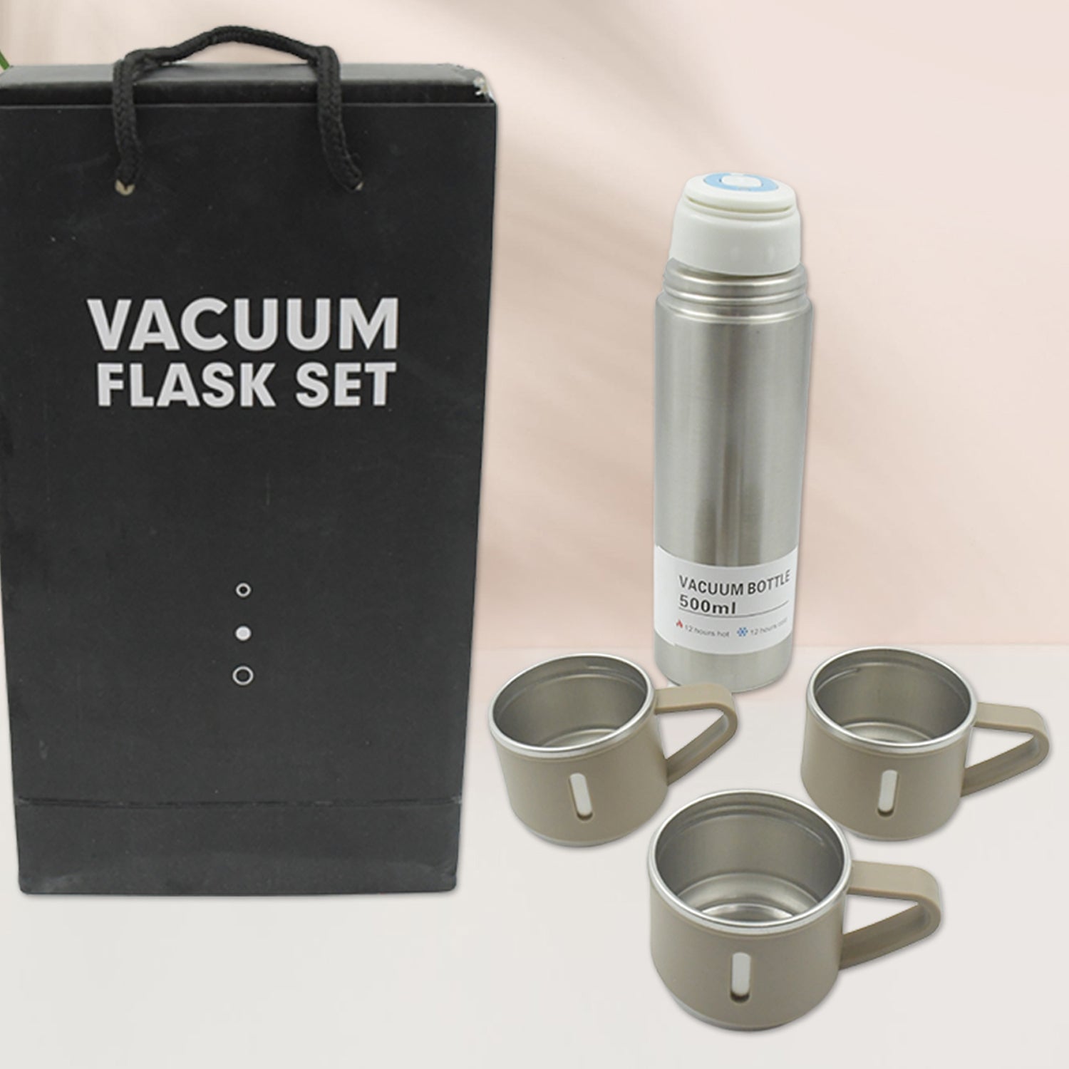 Stainless Steel Vacuum Flask Set with 3 Steel Cups Combo for Coffee Hot Drink and Cold Water Flask Ideal Gifting Travel Friendly Latest Flask Bottle. (500ml) - Bhavnagar Deodap