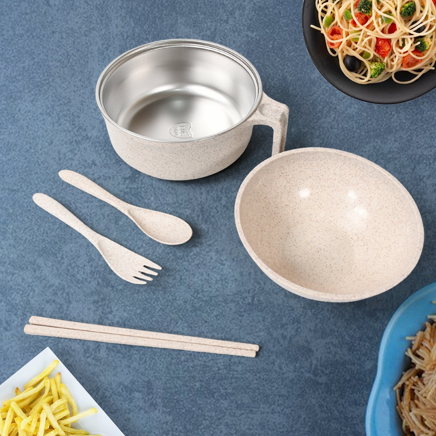 Rice Bowl Noodle 1 Bowl with 1 Lid and Handle Wheat Straw Noodle Bowls with Wheat Straw 1 Fork, 2 Chopsticks, 1 Spoon for Soup Salad Cooker Snack Set (6 Pcs Set) - Bhavnagar Deodap