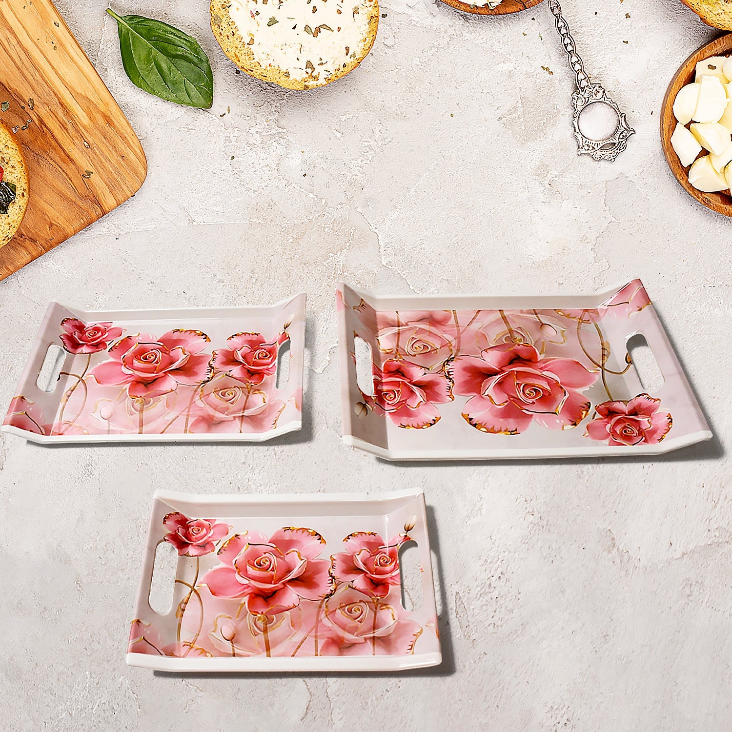 Plastic Rectangular Shape Flower Printed Design Serving Tray 3 pcs Home and Kitchen Use (3 pcs set) - Bhavnagar Deodap