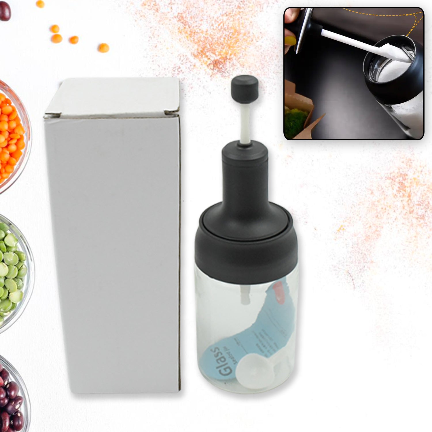 All-in-One Seasoning Jar: Heat-Resistant Glass with Spoon (1 Pc) - Bhavnagar Deodap