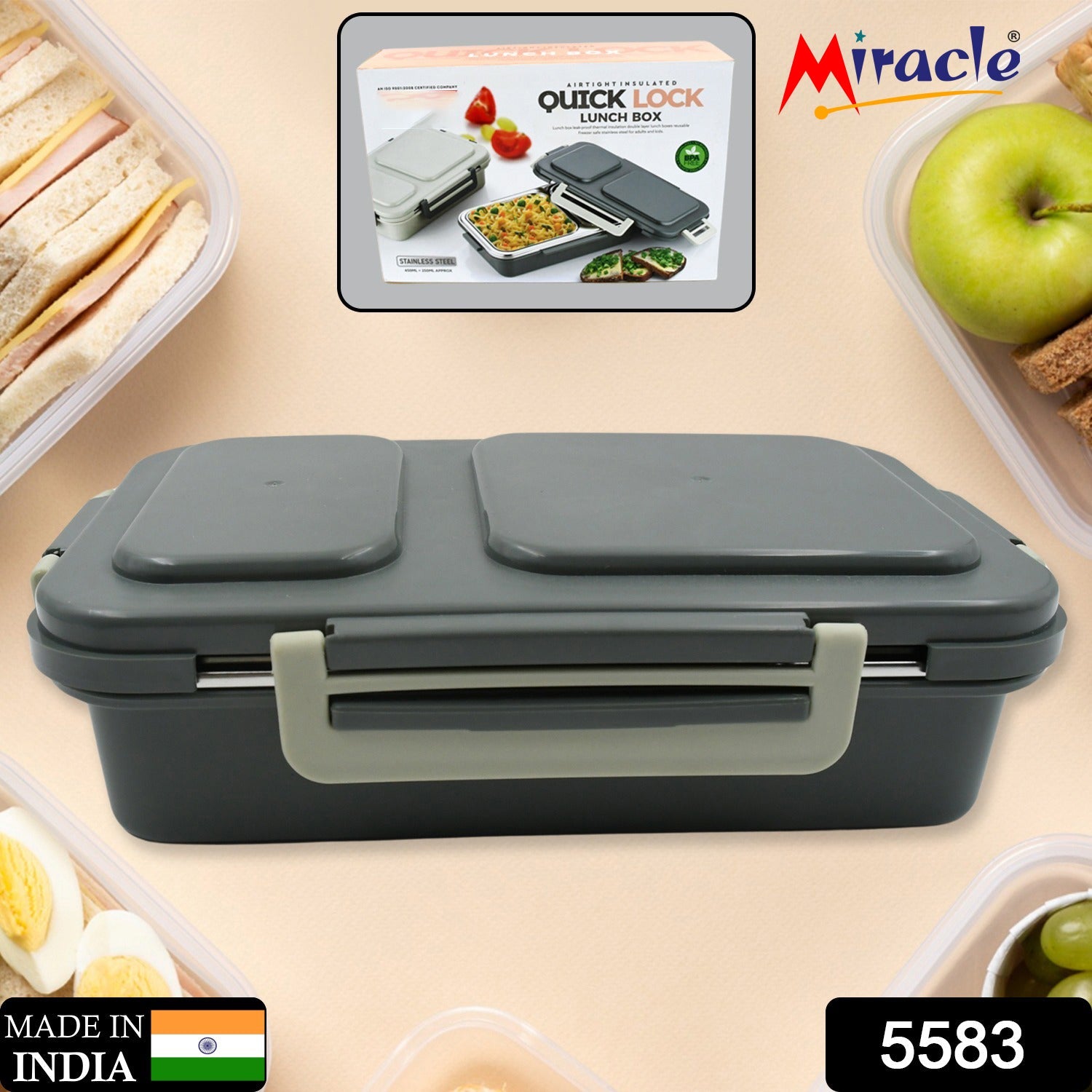 Miracle Quick Lock Leak Proof 2 Compartment Stainless Steel LUNCH BOX Inner Plate Reusable Microwave Freezer Safe Lunch Box Trendy Thermal Insulation Leak Proof for Office Vacuum Tiffin Box for Boys / Girls / School / Office Women and Men  - Bhavnagar Deodap