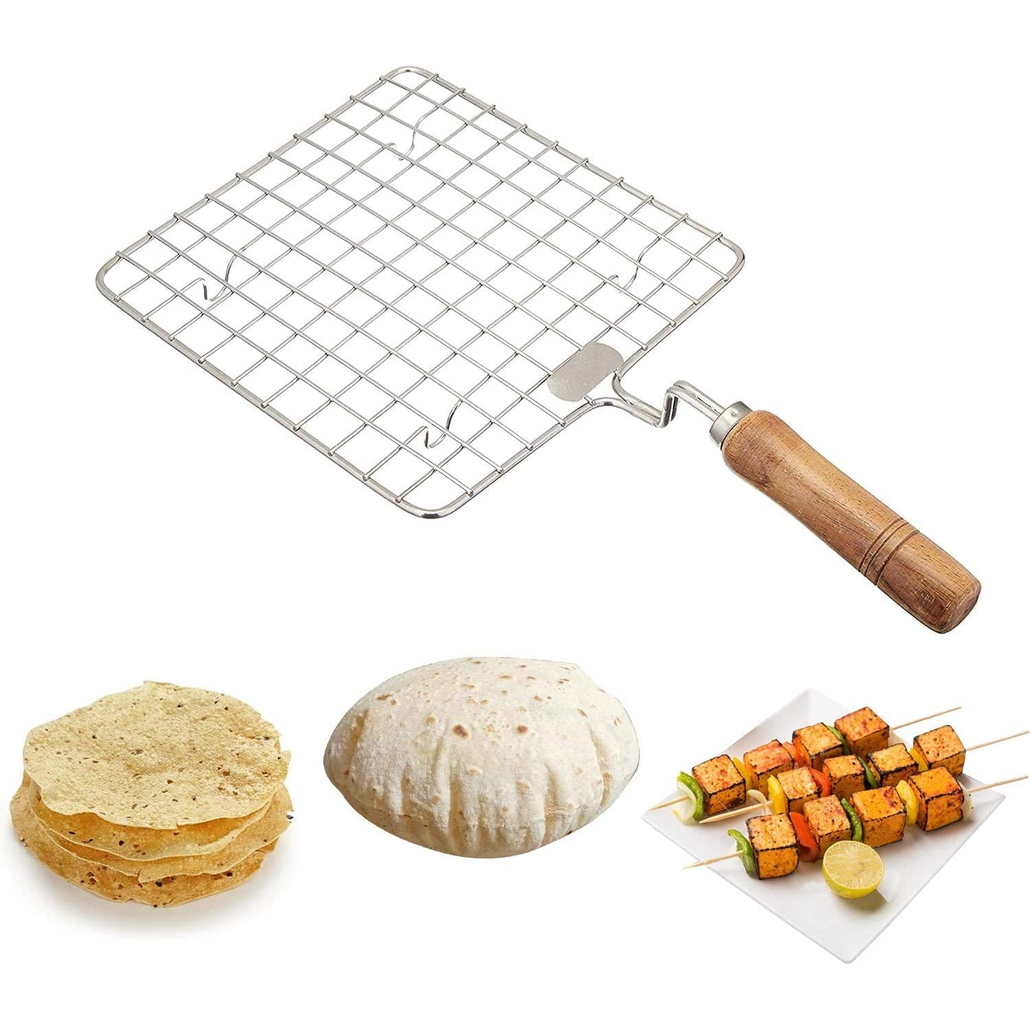 Kitchen Square Stainless Steel Roaster Papad Jali, Barbecue Grill with Wooden Handle - Bhavnagar Deodap