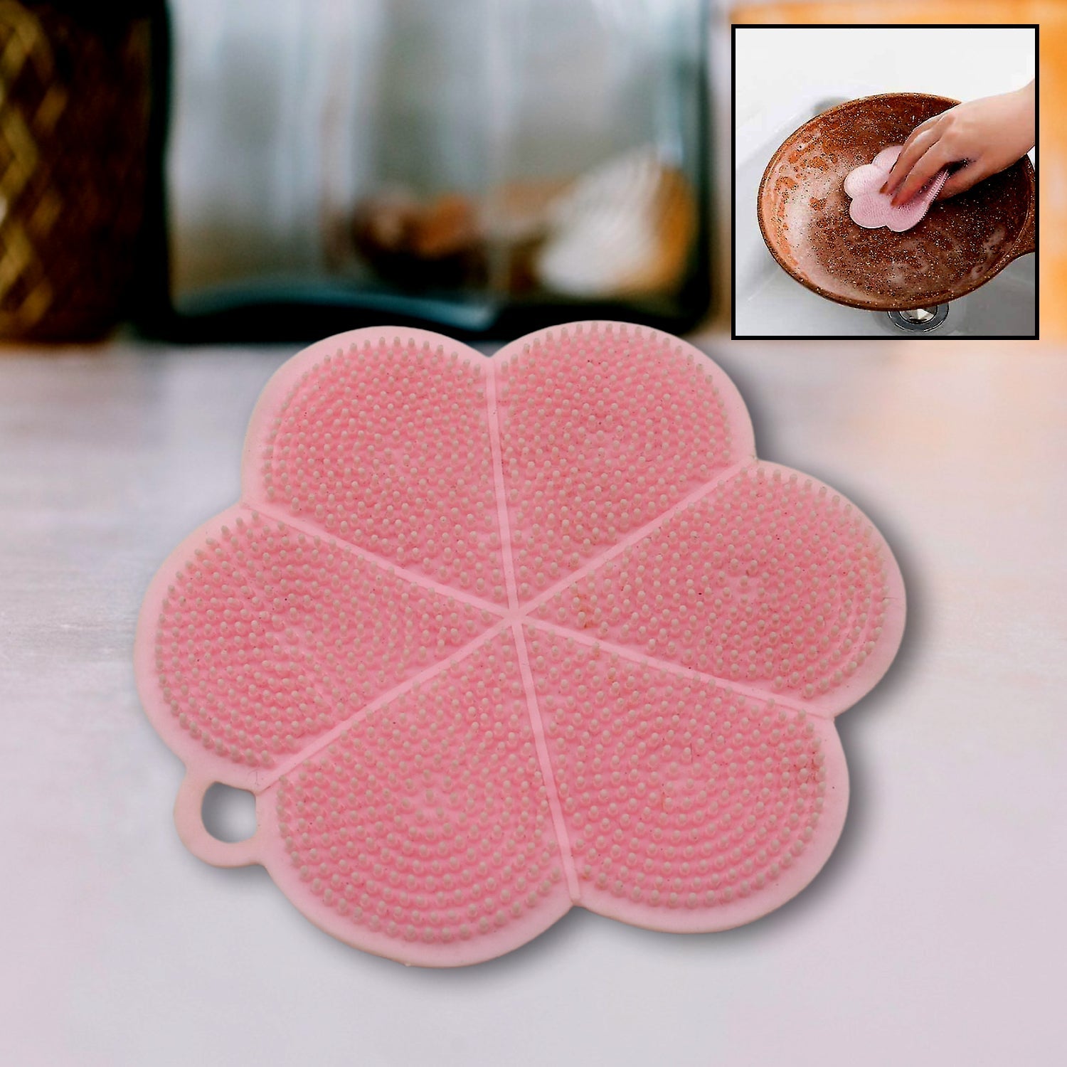 Multifunction Silicone Sponge Dish Washing Kitchen Scrubber, Dishwashing Brush Silicone Kitchen Brush Flower Shape Cleaning Brushes for Home Restaurant Easy Cleaning Tool Heat-Resistant Mat Kitchen Home Gadgets (1 Pc) - Bhavnagar Deodap