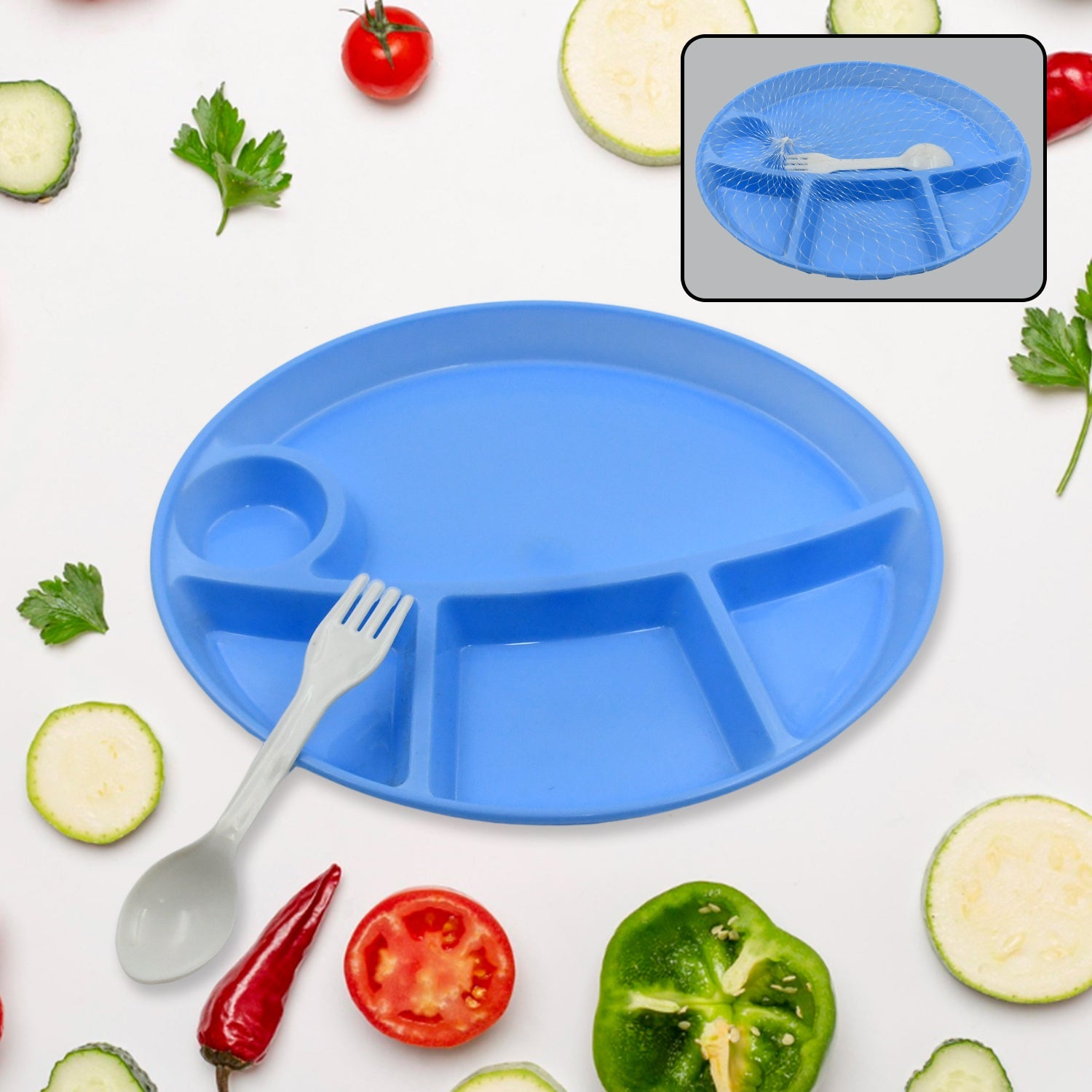 Plastic Food Plates / Biodegradable 5 Compartment Plate With Spoon for Food Snacks / Nuts / Desserts Plates for Kids, Reusable Plates for Outdoor, Camping, BPA-free (1 Pc) - Bhavnagar Deodap