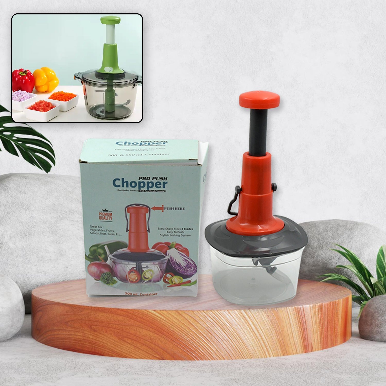 Manual Food Chopper (650ml): 3 Stainless Steel Blades, Locking System, Anti-Slip Base - Bhavnagar Deodap
