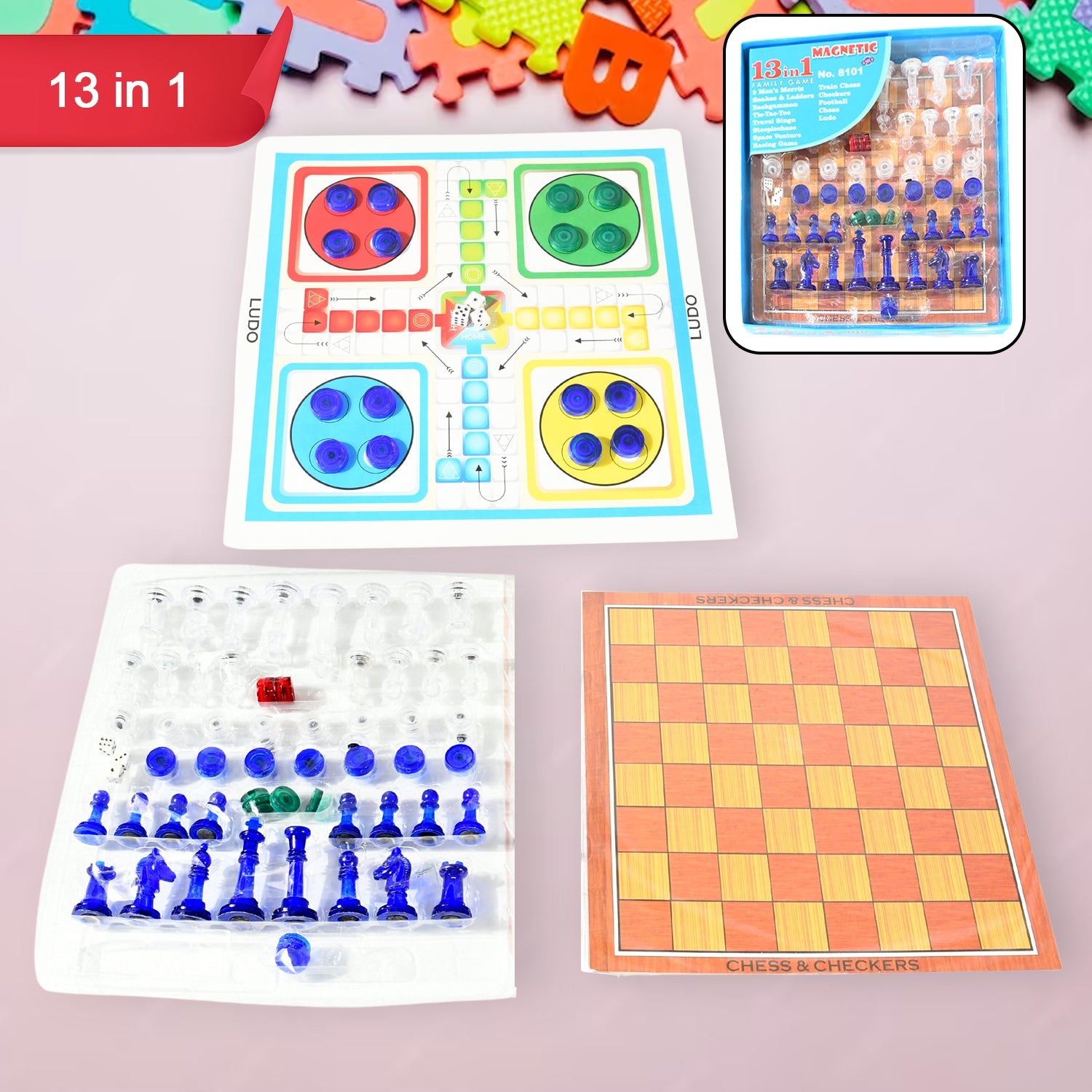 13 in 1 Family Board Game Chess, Snakes & Ladders, Ludo, Tic-Tac-Toe, Checkers, Travel Bingo, Football, Space Venture, Steeplechase Set for Kids - Bhavnagar Deodap