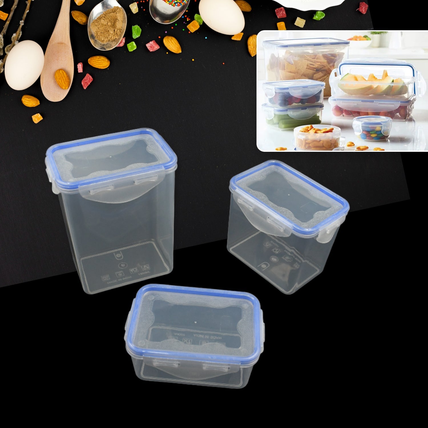 Kitchen Storage Container Set with Food Grade Plastic and Air Seal Lock Lid for Storage of Grocery, Spices, Dry fruits Use For Home, Office, Restaurant, Canteens (3 Piece Set) - Bhavnagar Deodap