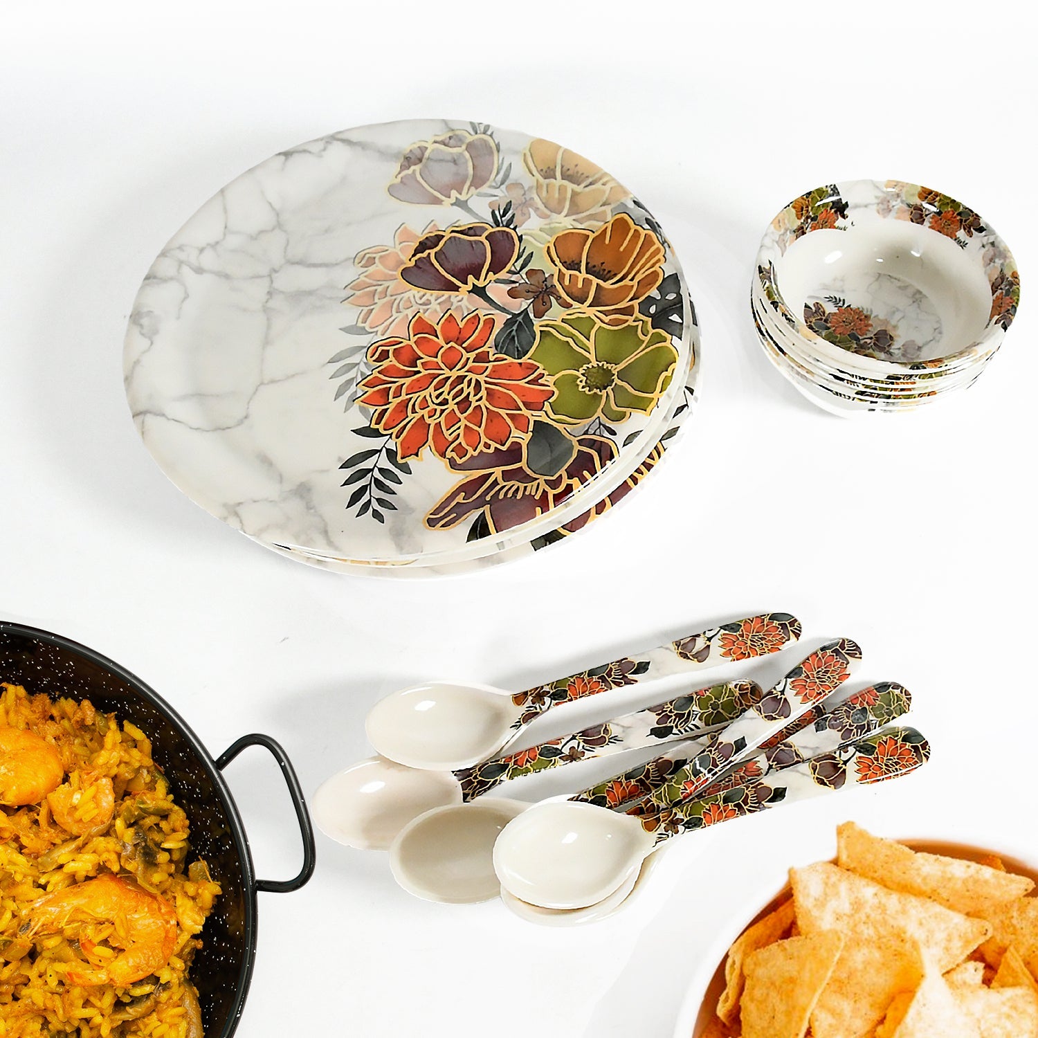 Dream High Quality plastic Dinning Dinner set with Unique Flower Design Printed, 6 pc Plates, 6 pc Bowls and 6 pc Serving Spoon, Lightweight Round Plates and Bowls, Microwave, and Dishwasher Safe (18 Pcs set) - Bhavnagar Deodap