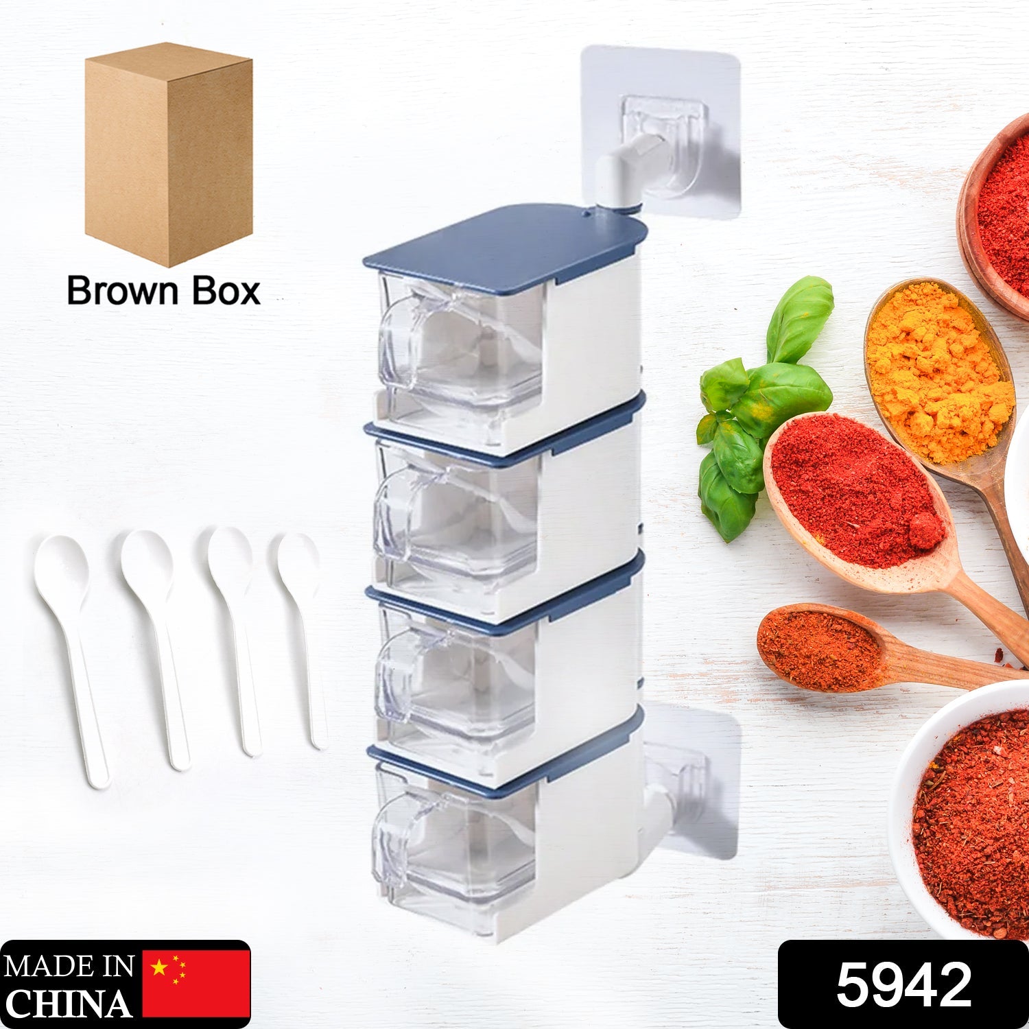 4 Layer Creative Adhesive Wall Hanging Rotary Seasoning Box Condiment Storage Container Kitchen with Spoon Pepper Sugar Spice Jar Rack Food - Bhavnagar Deodap