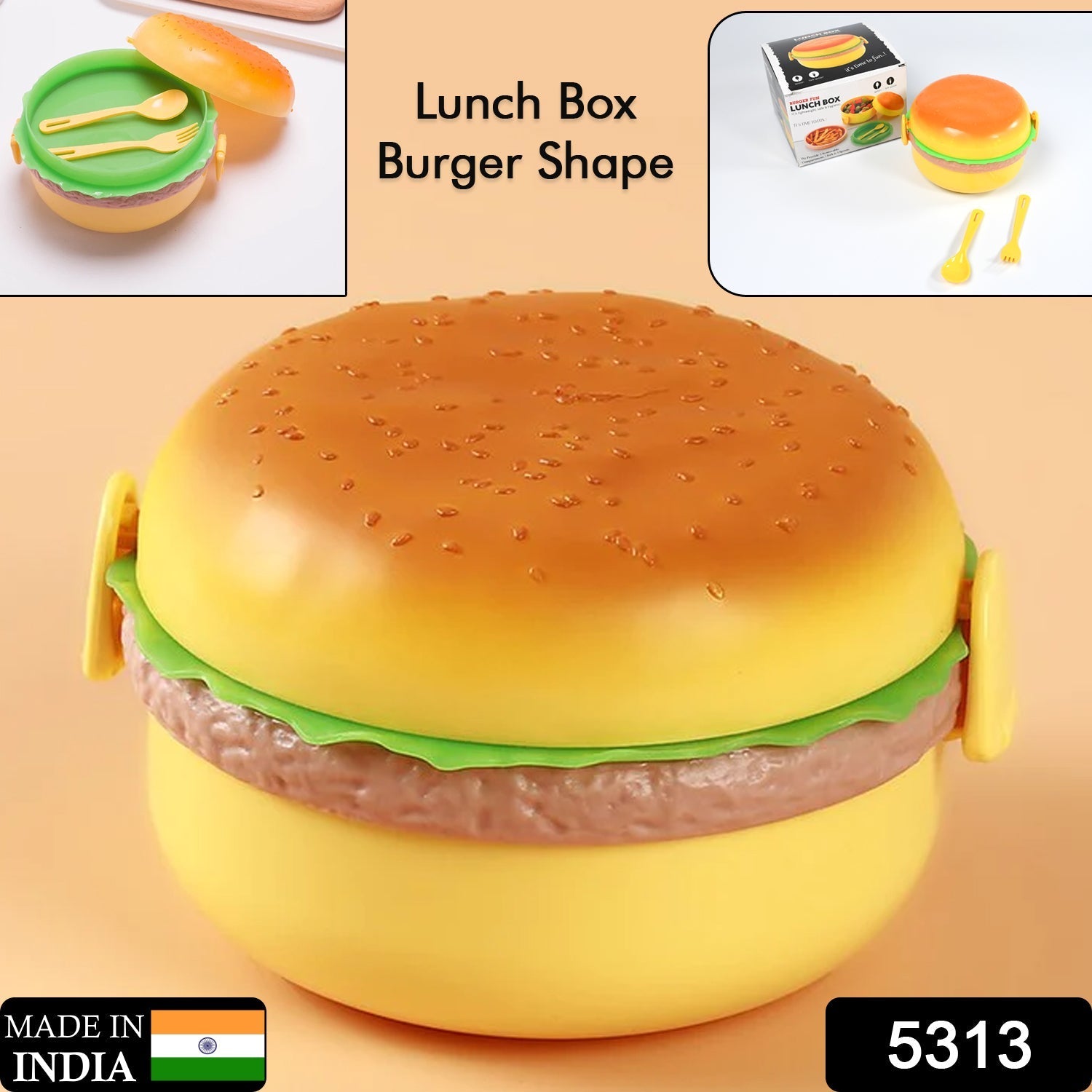 Burger Shape Lunch Box Plastic Lunch Box Food Container Sets Double Layer Lunchbox 1000ml With 2 Spoon Applicable to Kids and Elementary School Students - Bhavnagar Deodap