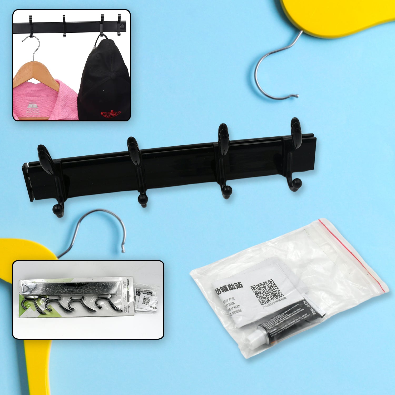 Cloth hanger, Wall Door Hooks Rail for Hanging Clothes for Hanging Hook Rack Rail, Extra Long Coat Hanger Wall Mount for Clothes, Jacket, Hats, 6 Hook With Eco-friendly Liquid Adhesive Glue - Bhavnagar Deodap