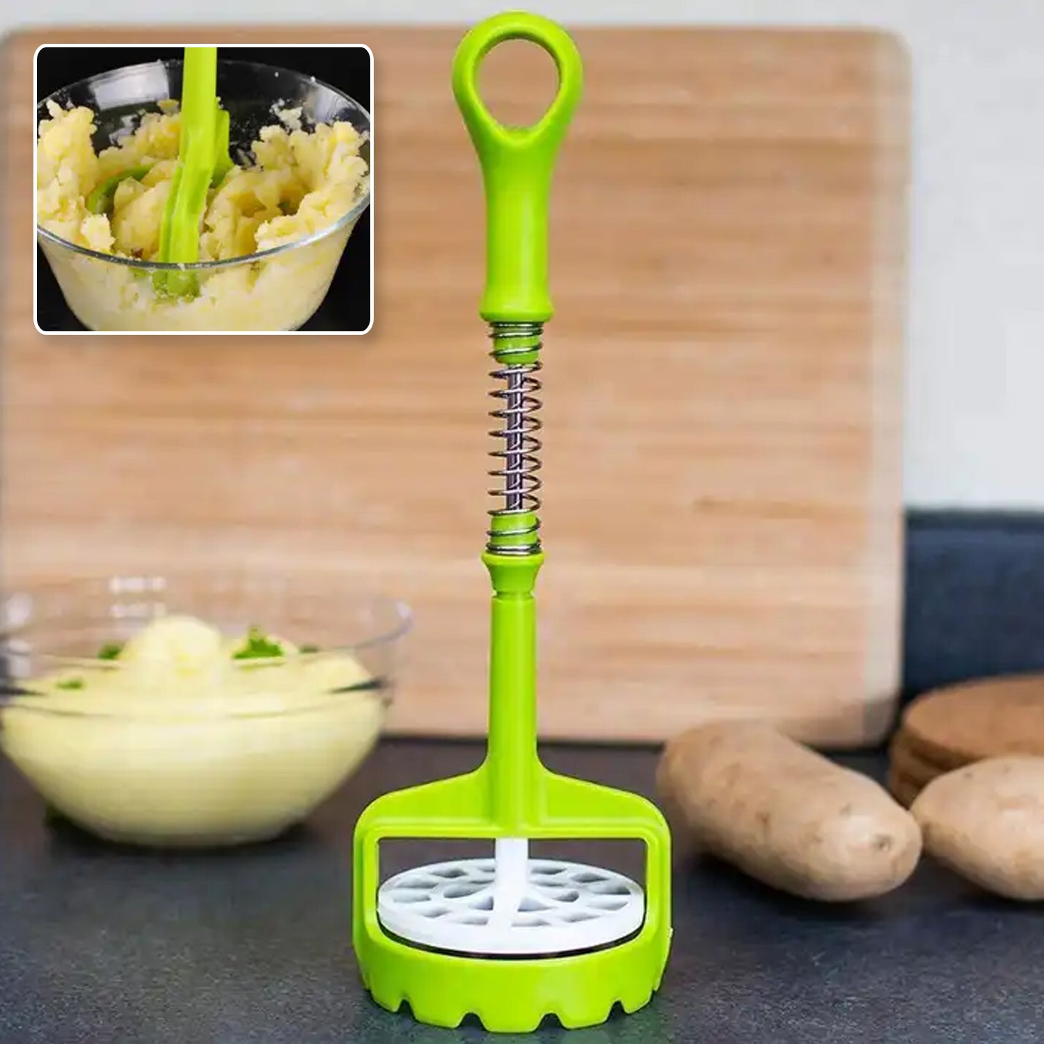 Multi Functional One-Handed Plastic Manual Mashed Potatoes Masher, Mash Sweet Potato Masher with Comfort Grip and Stainless-Steel Spring Design for Nonstick Pans (1 Pc) - Bhavnagar Deodap