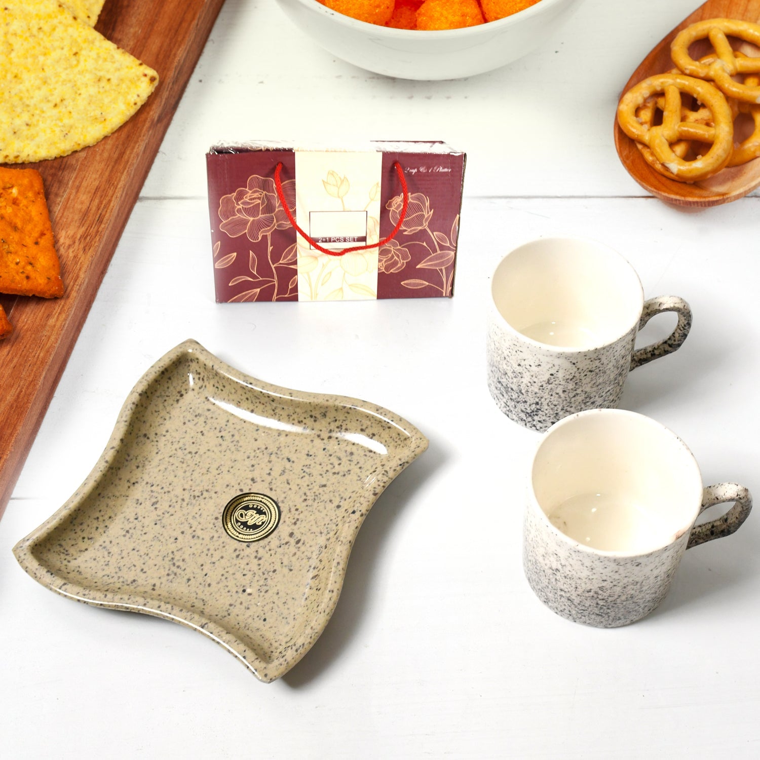 Minto Ceramic Tea / Cups Set Including Plastic Serving Platter, Milk Cup / Mug, Coffee Cup, Tea Cup BPA Free Food Grade, or Outdoor for Household Gift For Birthday (3 Pcs Set) - Bhavnagar Deodap