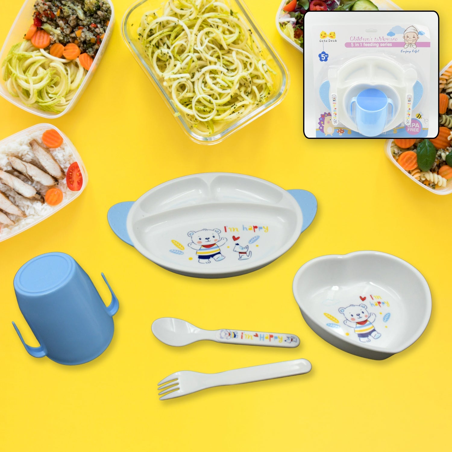 5in1 Baby Feeding Set for Kids and Toddlers,Children Children Dinnerware Set - Feeding Set for Kids, Cartoon Design Plate, Cup, Spoon, Fork  Tableware Cutlery for Kids Microwave & Dishwasher Safe (5 Pcs Set) - Bhavnagar Deodap