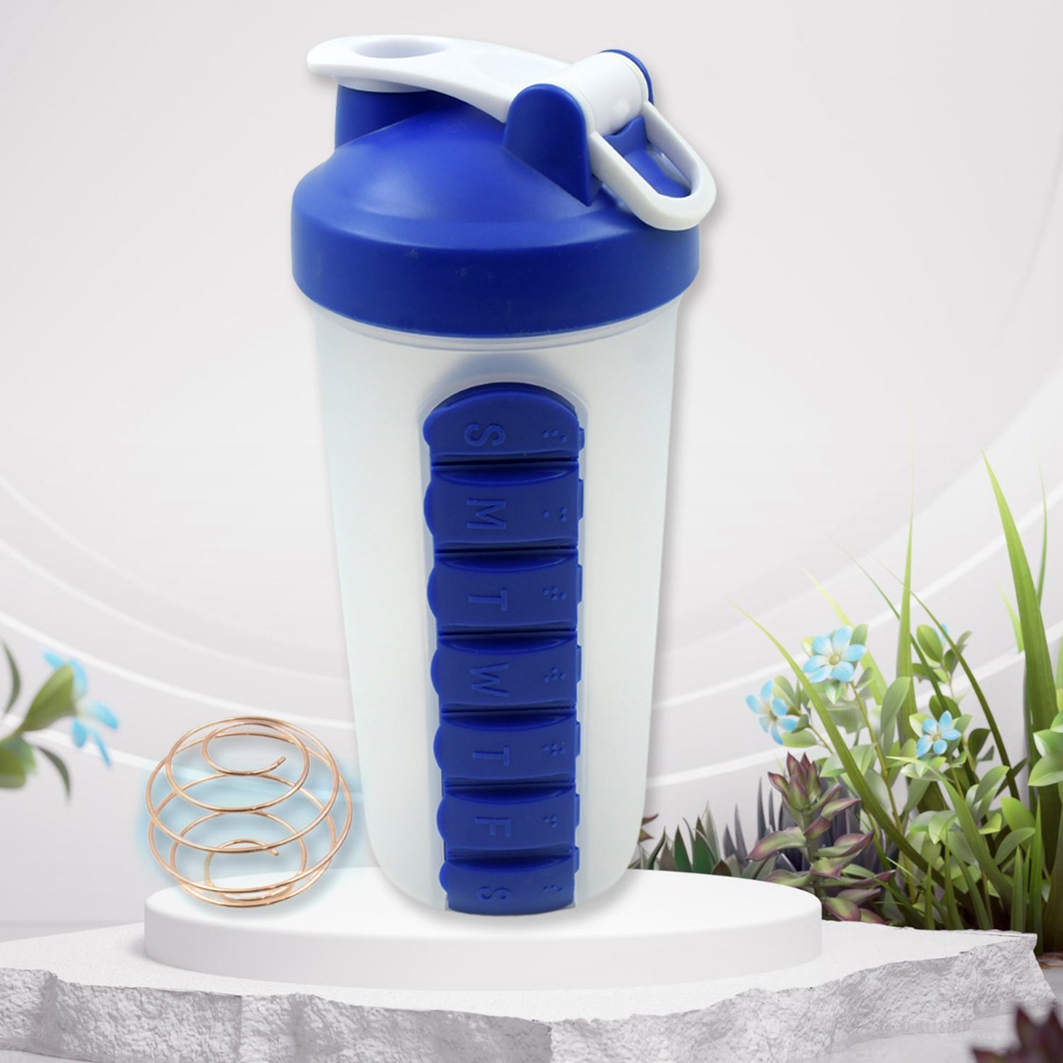 2 In1 Pill Shaker Cup Vitamin Holder Water Bottle with Pill Holder Daily Medicine Planner Shaker Water Bottle pillboxes Organizer pre Workout Shaker Fitness pp Bracket Portable (600 ML) - Bhavnagar Deodap