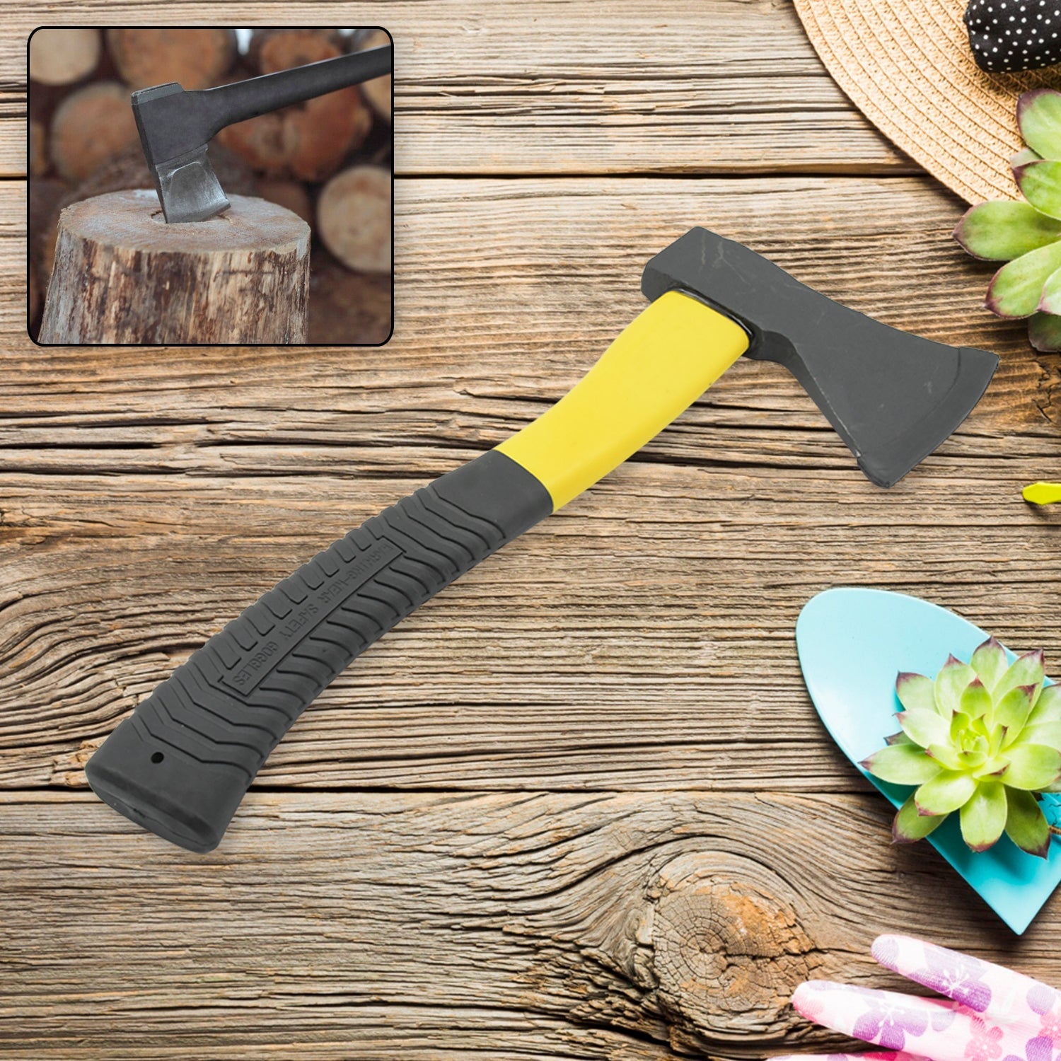 Gardening Tools Hatchet Axe Fiberglass Body Rubberized Handle Wood Cutting Axe, Camping Axe, Safety Axe, Pick Axe (972 Gm) - Bhavnagar Deodap