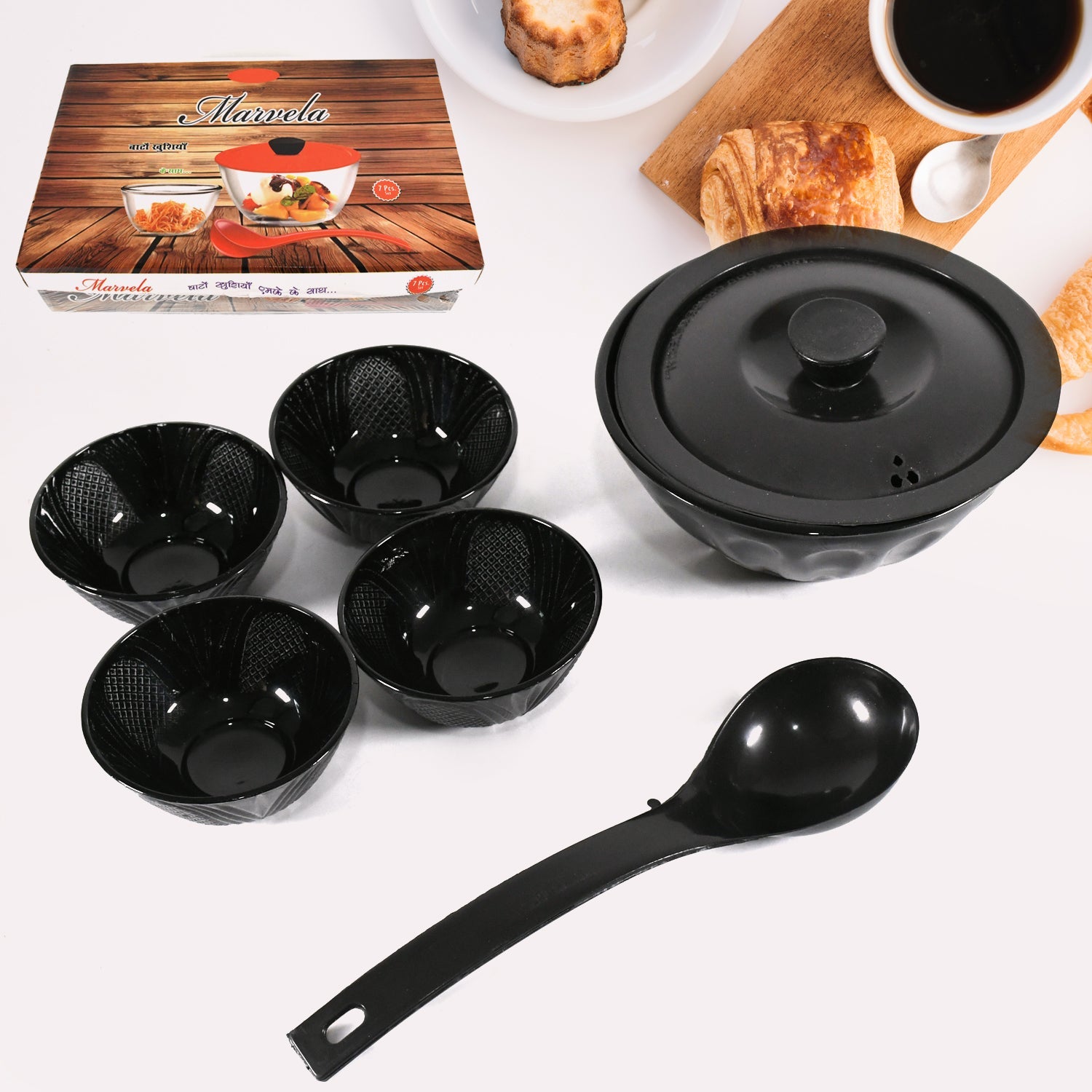 Marvela High Quality Dinning Dinner / Pudding Set 4 pcs Ceramic Medium Bowls, 1 Pc Ceramic big Bowl With 1 Pc Plastic Lid and 1 Pc plastic Serving Spoon, Lightweight Microwave, and Dishwasher Safe (7 Pcs set) - Bhavnagar Deodap