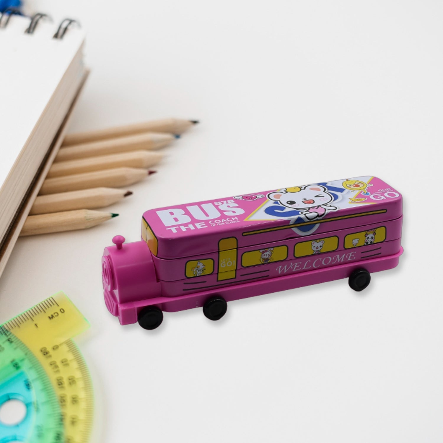 Double Decker Magic Bus Compass 2 Layer Metal Bus Compass Pencil Case with Movable Wheels & Sharpener Bus Shape with Tiers Metal Pencil Box for Kids Birthday Party - Bhavnagar Deodap