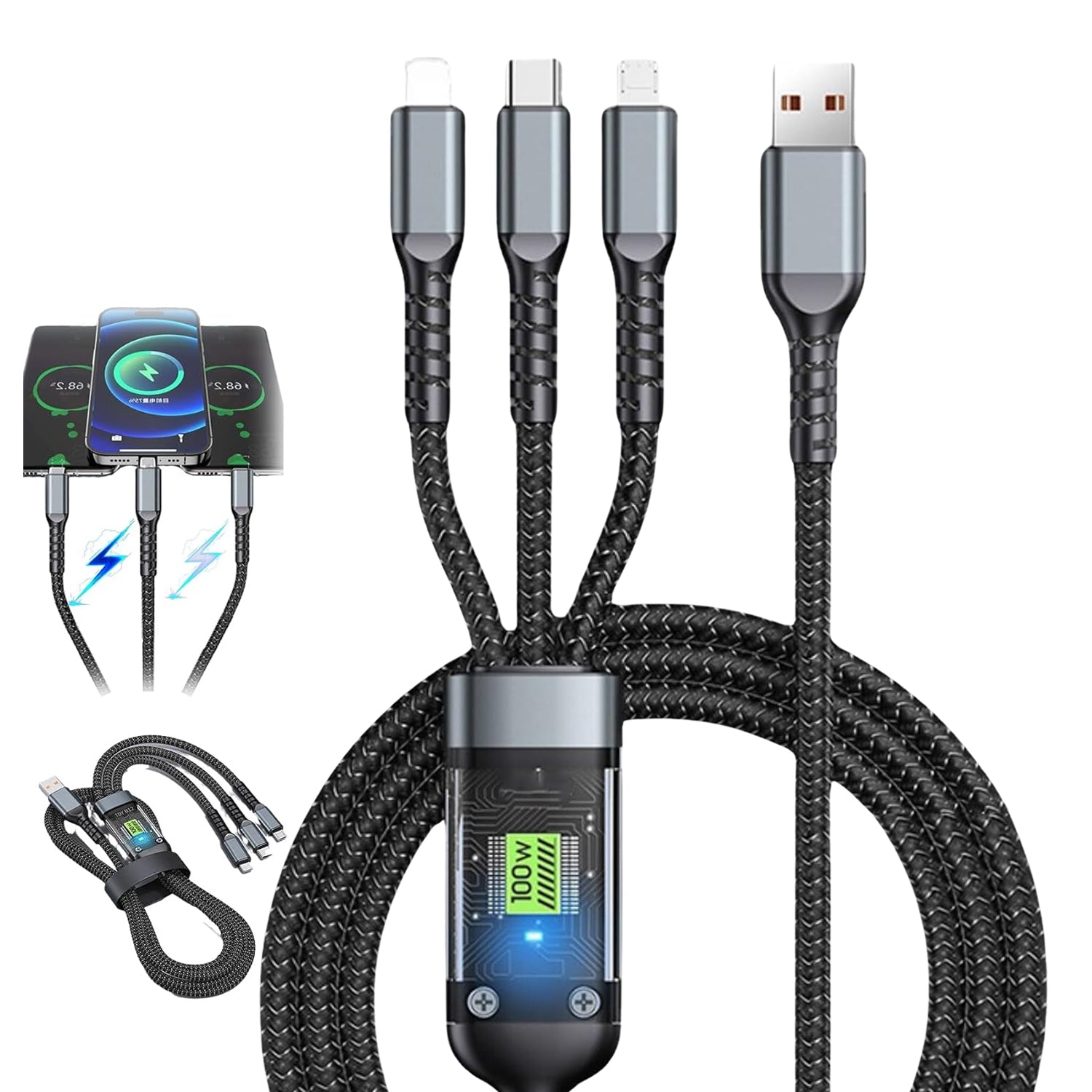 3-in-1 Super Fast Charging Cable 100w, Multifunctional Convenient Super Fast Charging Cable Nylon Braided Cord, 3-in-1 Silicone Zinc Alloy 3 Head Charging Cable - Bhavnagar Deodap