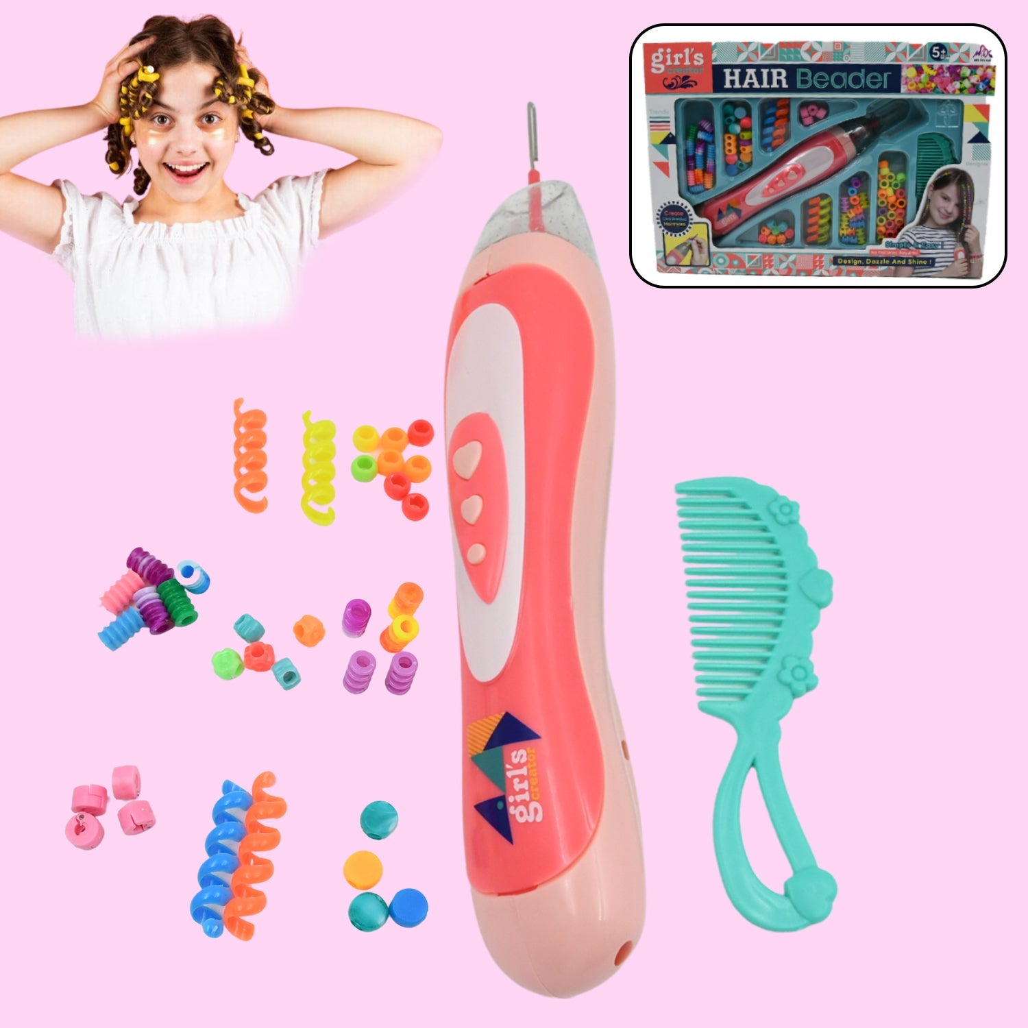 Hair Styling Clasp Clips Twisting Stringing Beads Kit for Girls, Portable Hair Braider Machine,Hairstyle Braid Kit DIY Hair Styling Tool with Comb, Rubber, Button Beads and Beads (85 Pcs Set) - Bhavnagar Deodap