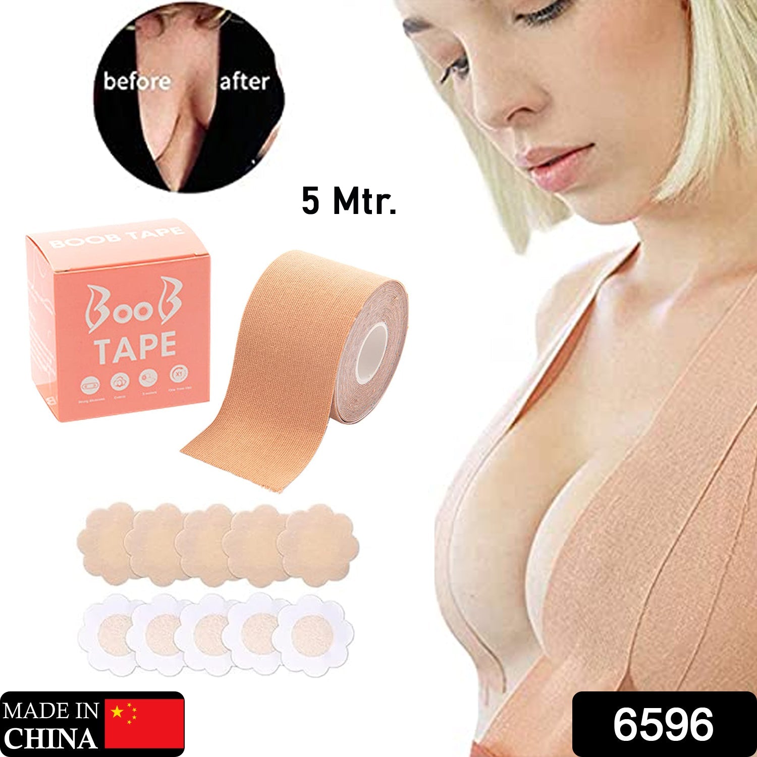 Boob Tape with Nipple Covers: Cotton, Breathable, Lift & Support (5m, 10 Pairs) - Bhavnagar Deodap