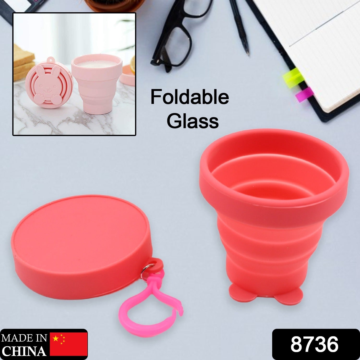 Reusable Folding Silicone Tumbler / Glass / Cup, Folding Cups with Reusable Lid, Silicone Folding Cup with Clip Hook Folding Travel Cup Bag for Travel, Camping, Sports (1 Pc) - Bhavnagar Deodap