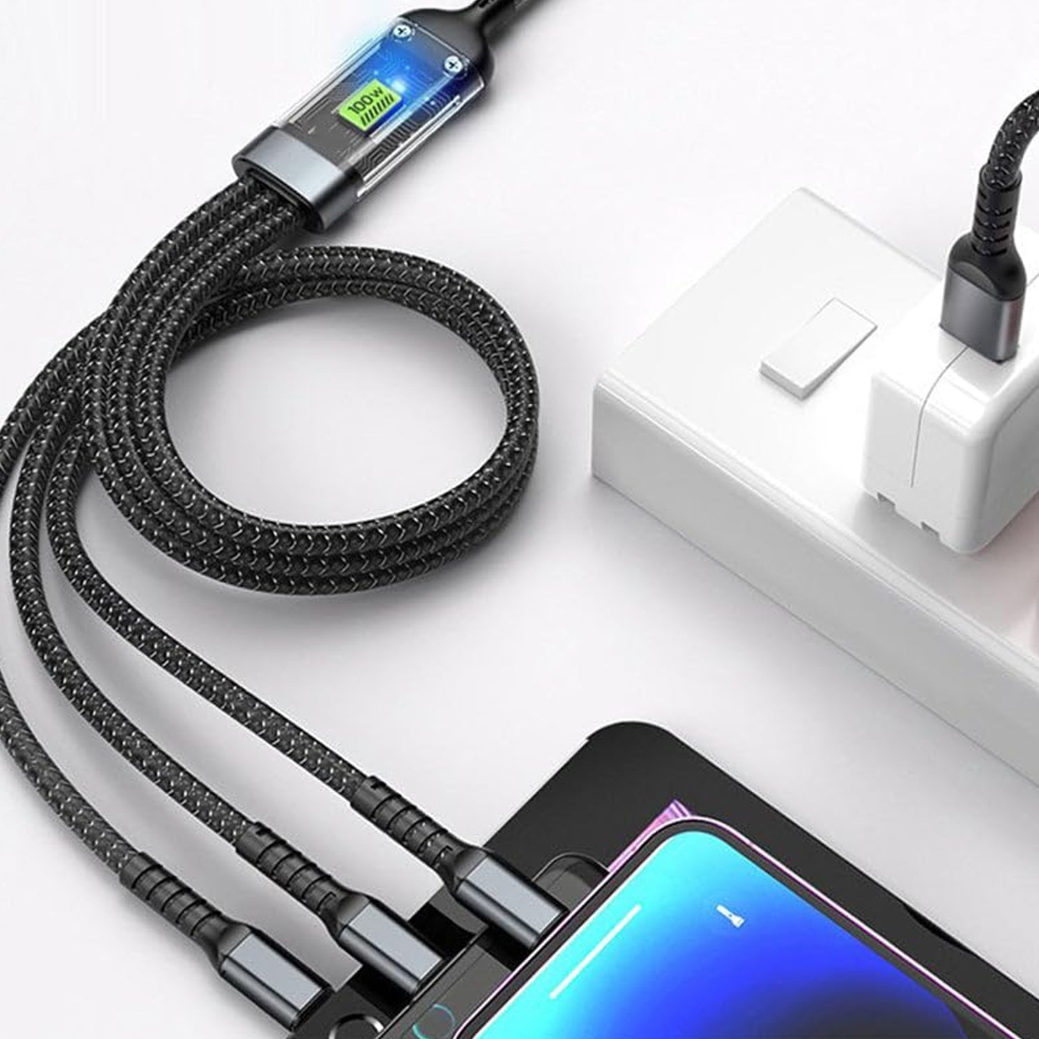 3-in-1 Super Fast Charging Cable 100w, Multifunctional Convenient Super Fast Charging Cable Nylon Braided Cord, 3-in-1 Silicone Zinc Alloy 3 Head Charging Cable - Bhavnagar Deodap