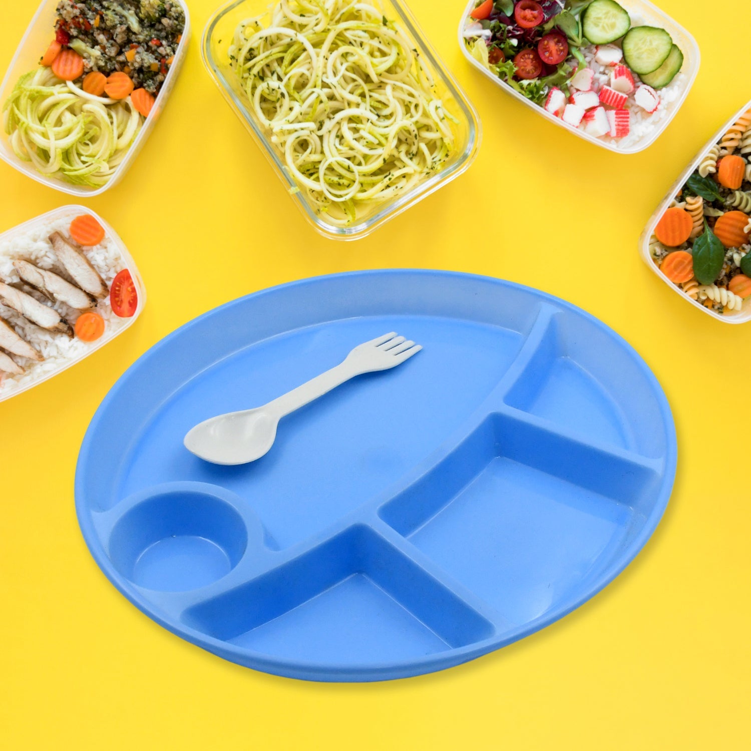 Plastic Food Plates / Biodegradable 5 Compartment Plate With Spoon for Food Snacks / Nuts / Desserts Plates for Kids, Reusable Plates for Outdoor, Camping, BPA-free (1 Pc) - Bhavnagar Deodap