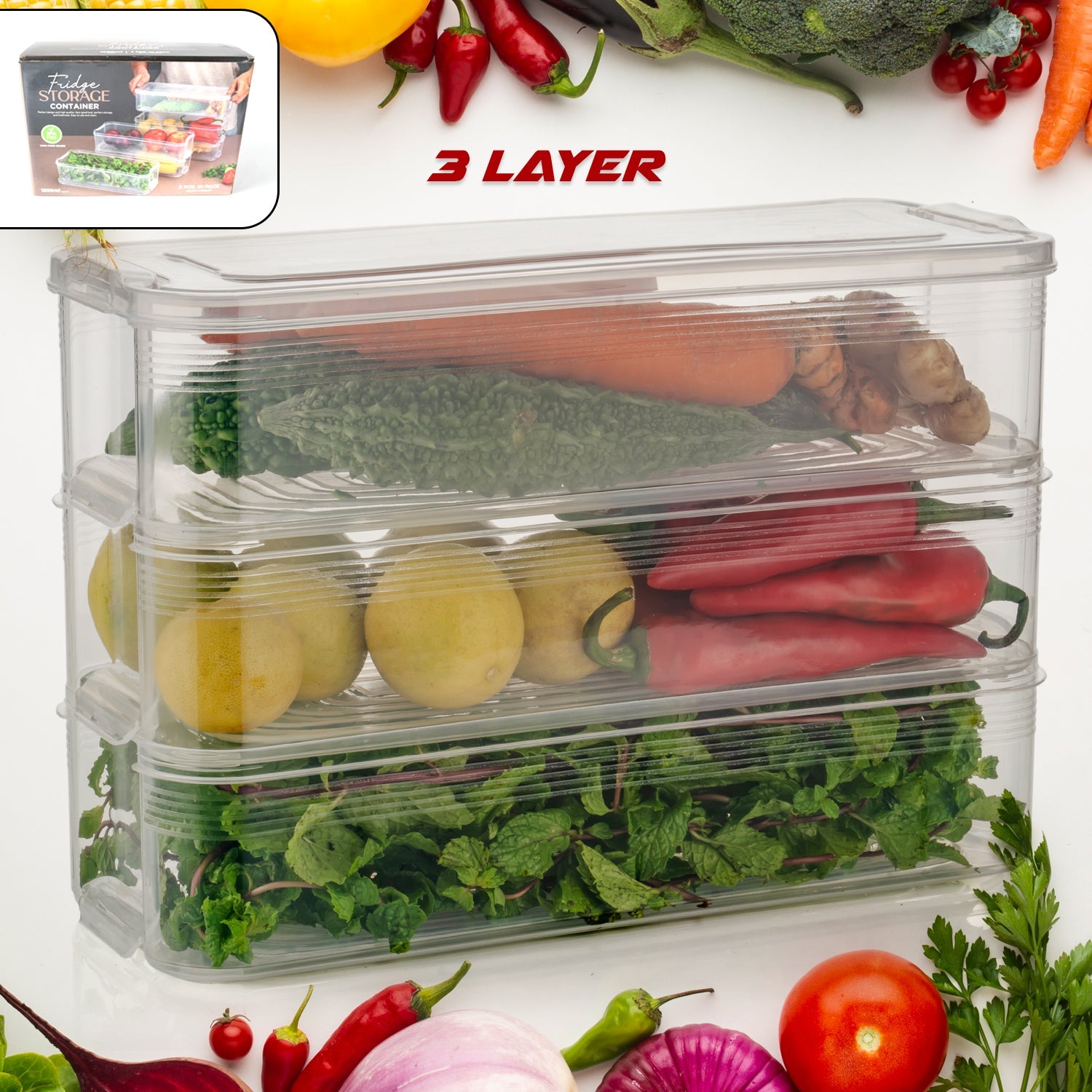 3 Fridge Storage Container, Fridge Organizer with Lid Stackable Fridge Storage Containers Plastic Freezer Storage Containers for Fish, Meat, Vegetables, Fruits, Pack of 3pcs, 1500ML Approx - Bhavnagar Deodap