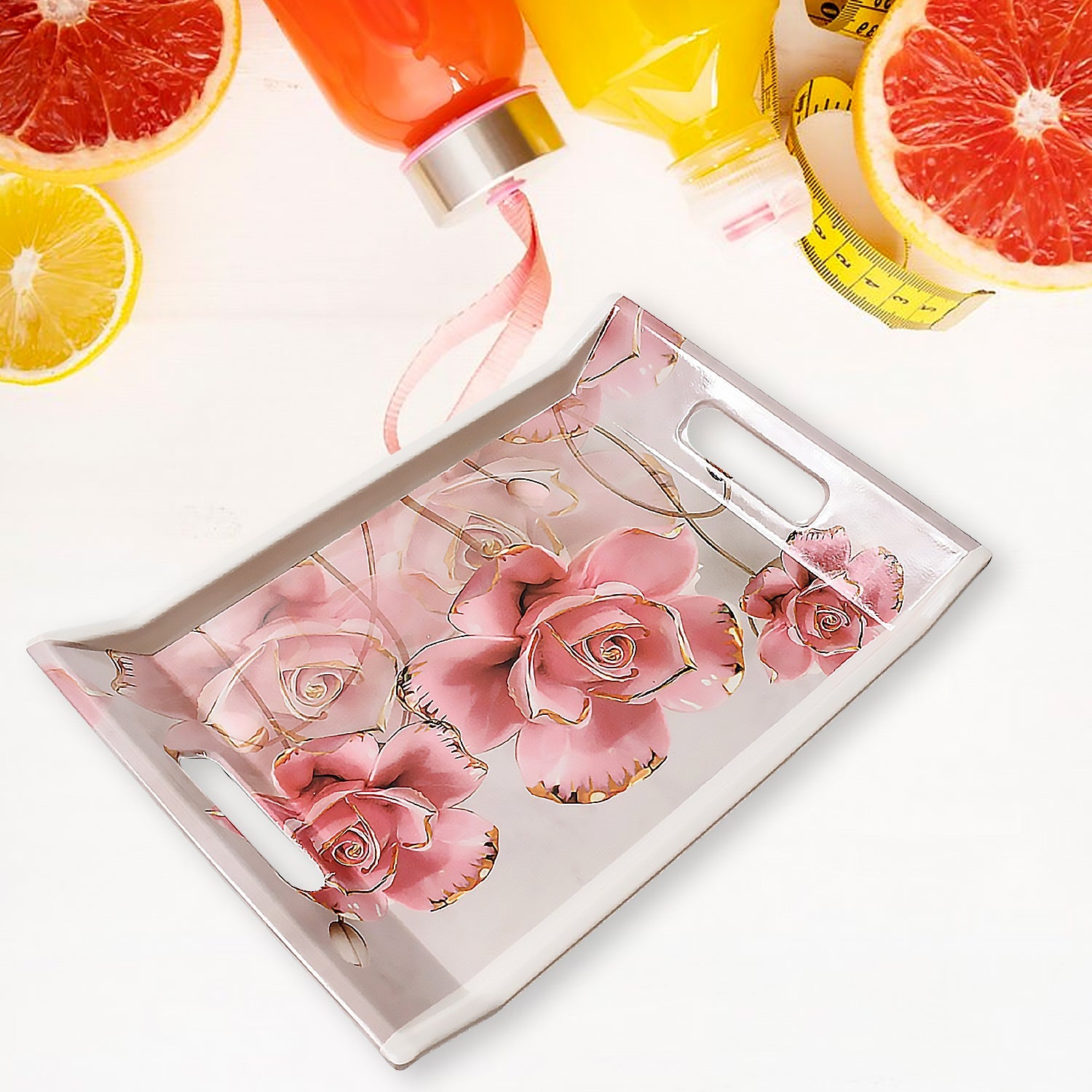 Plastic Rectangular Shape Flower Printed Design Serving Tray 3 pcs Home and Kitchen Use (3 pcs set) - Bhavnagar Deodap