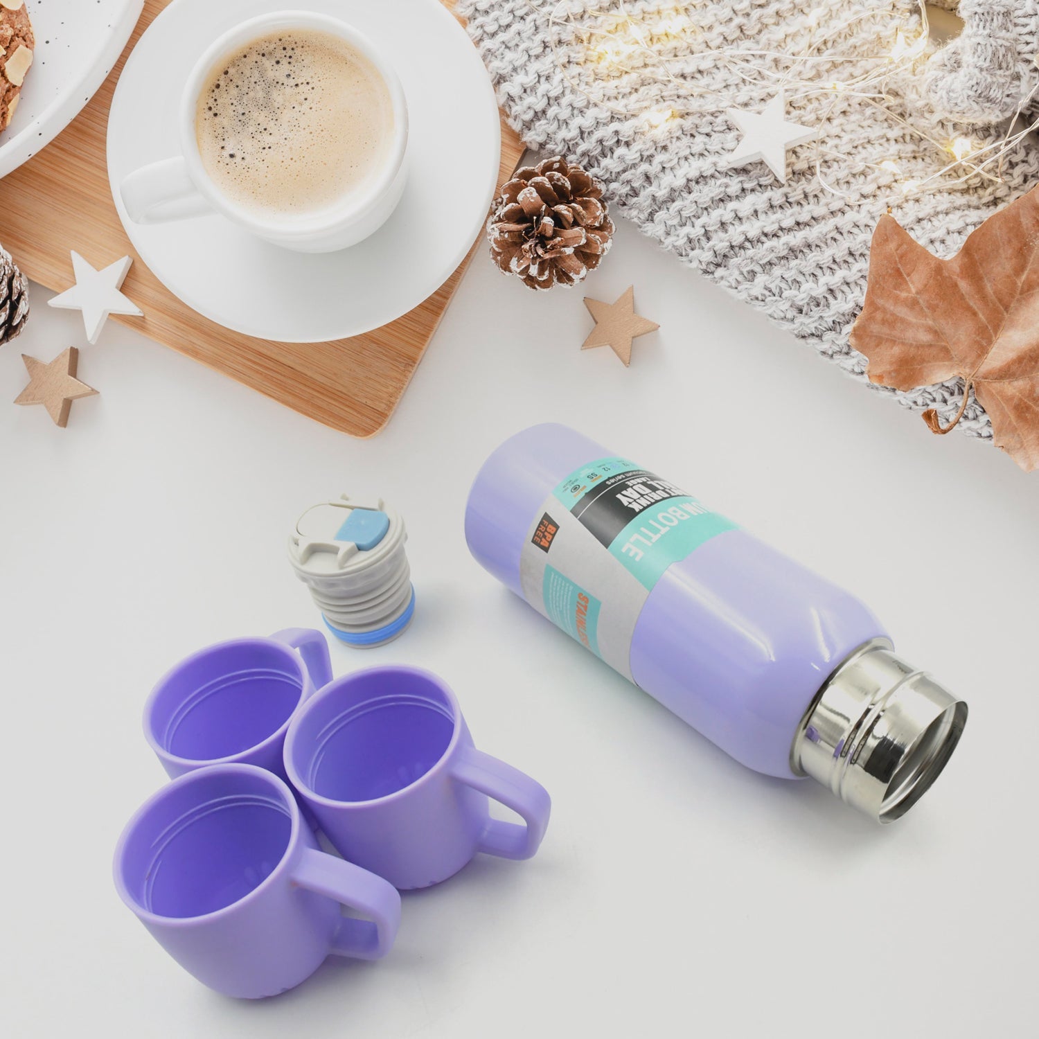 Vacuum Flask Set Stainless Steel Thermos With 3 Cup Creative Gift Set With Cover Handle Portable Car Water Bottle Set (Approx 500ml) - Bhavnagar Deodap