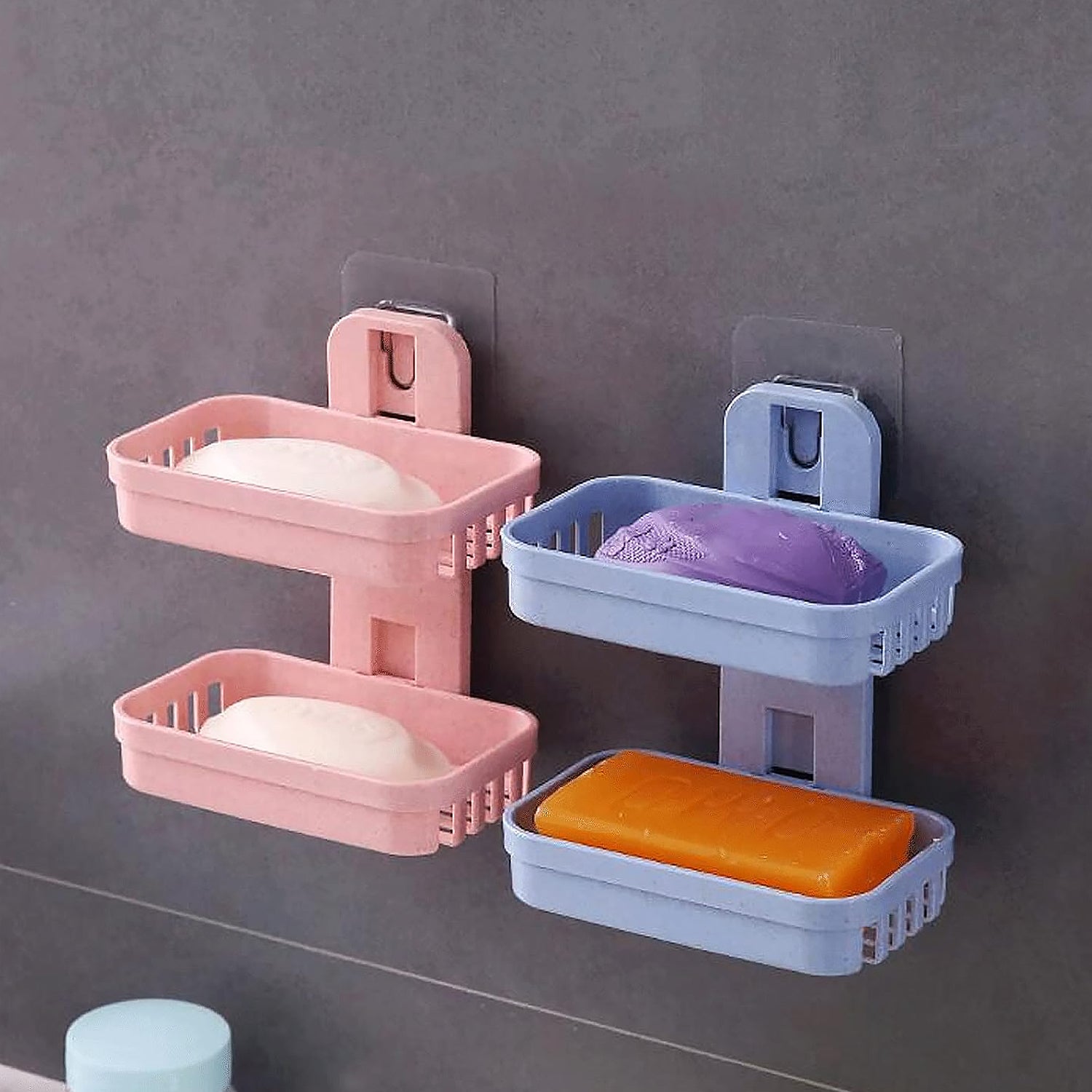 Adhesive Sticker Soap 2 Layer Dish Holder Wall Mounted Bathroom Shower Soap Holder Saver Box Storage Organizer Rack, ABS Plastic (Double Layers / 2 pcs set) - Bhavnagar Deodap