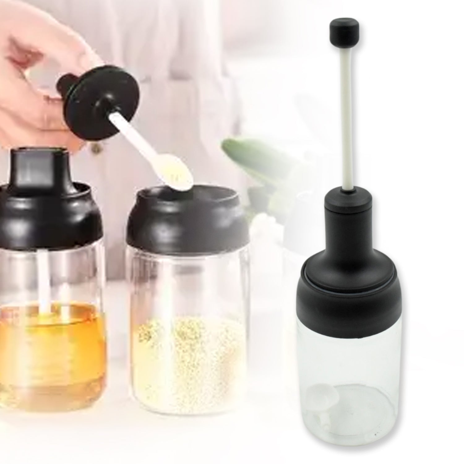 All-in-One Seasoning Jar: Heat-Resistant Glass with Spoon (1 Pc) - Bhavnagar Deodap