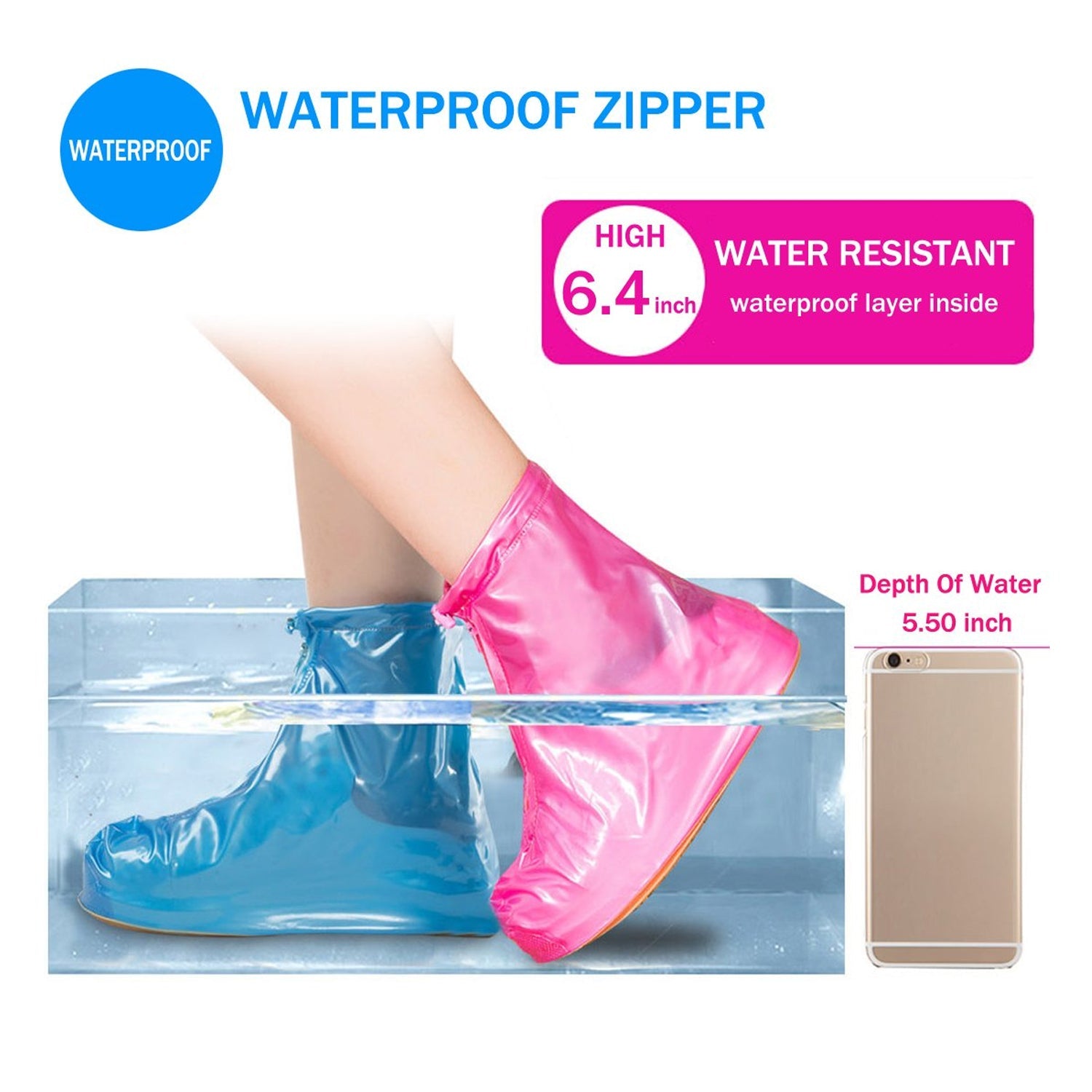 Plastic Shoes Cover Reusable Anti-Slip Boots Zippered Overshoes Covers Pink, Transparent Waterproof Snow Rain Boots for Kids/Adult Shoes, for Rainy Season (L Size1 Pairs) - Bhavnagar Deodap