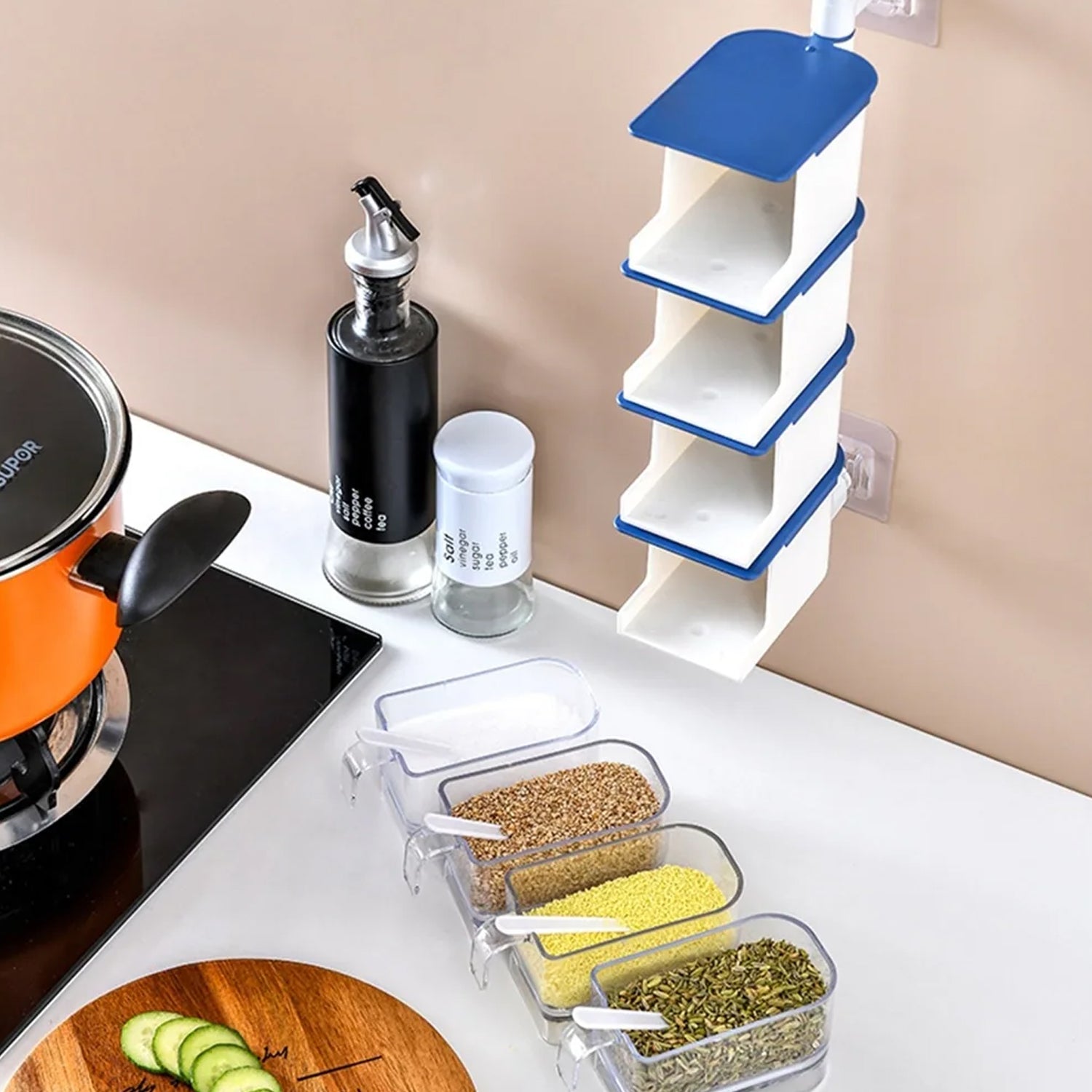 4 Layer Creative Adhesive Wall Hanging Rotary Seasoning Box Condiment Storage Container Kitchen with Spoon Pepper Sugar Spice Jar Rack Food - Bhavnagar Deodap