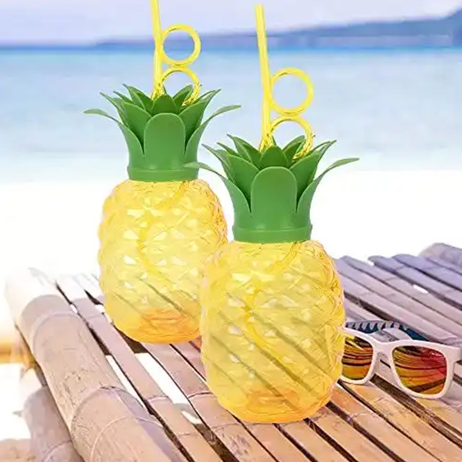 Plastic Pineapple Cups with Straw (1 Pc) - Party Favors, Hawaiian, Beach - Bhavnagar Deodap