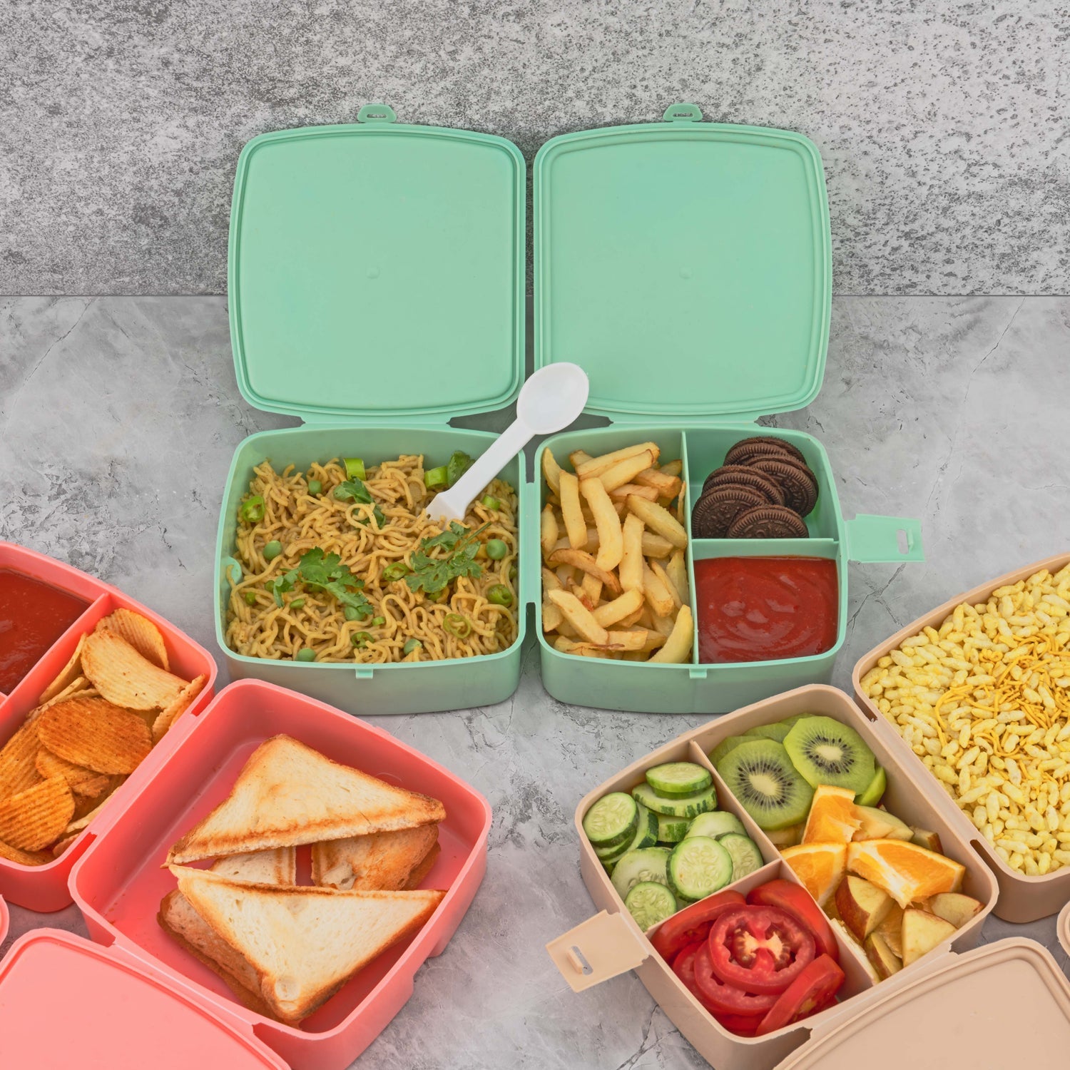 Double-Layer Square Lunch Box with  Spoon , 4 Compartment Tiffin & Push Lock , Plastic Tiffin Box for Travelling, School Kids & Office Exclusive, Home - Bhavnagar Deodap