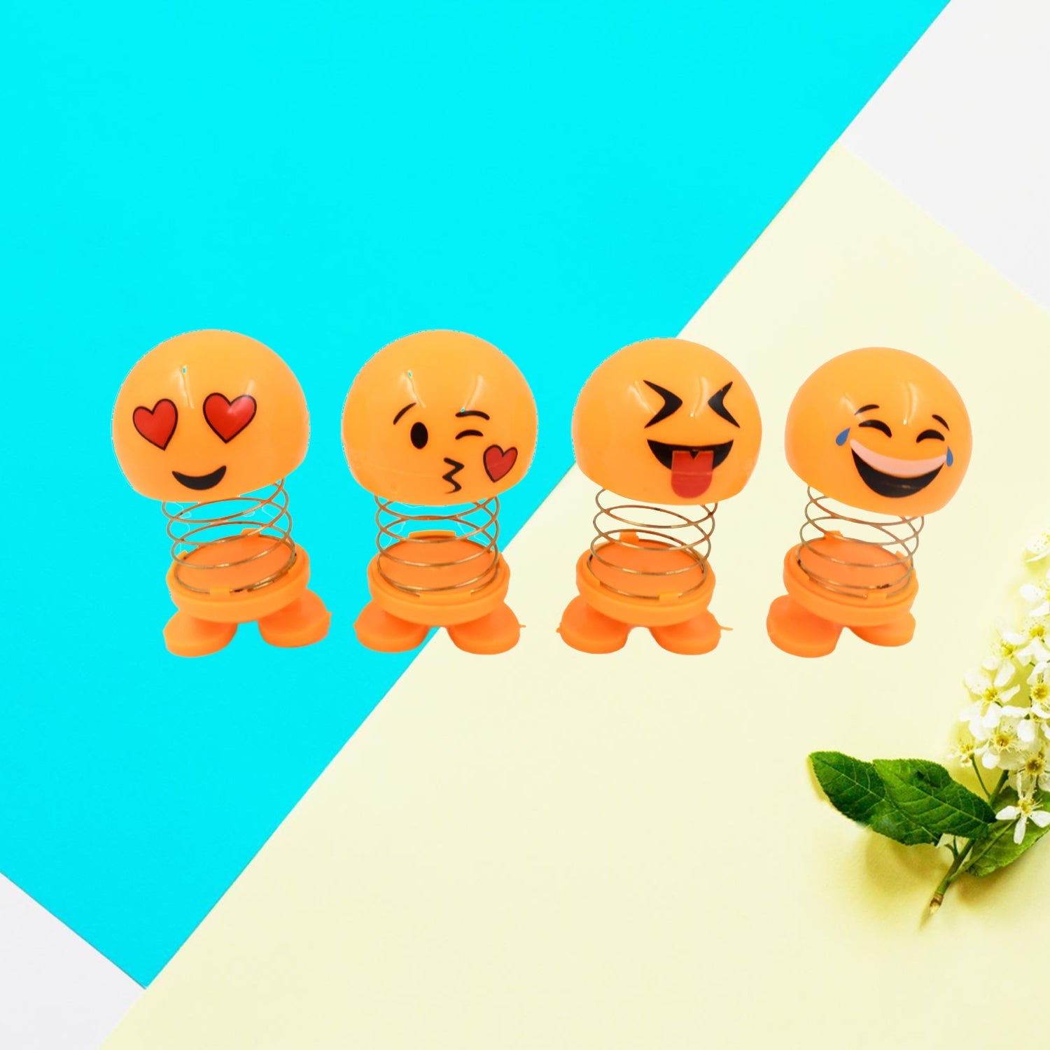 Cute Emoji Bobble-Head Funny Smiley Face Emoticon Figure Spring Dolls Bounce Toys for Car Interior Dashboard Accessories Desktop Decoration / Kids Toys (Pack of 8) - Bhavnagar Deodap