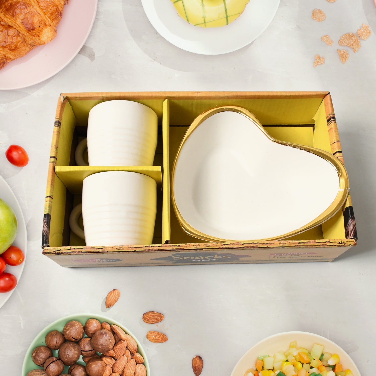 Snacks Hut Ceramic Tea / Cups Set With Heart Shape Plastic Serving Platter, Milk Cup / Mug, Coffee Cup, Tea Cup BPA Free Food Grade, or Outdoor for Household Gift For Birthday (3 Pcs Set) - Bhavnagar Deodap