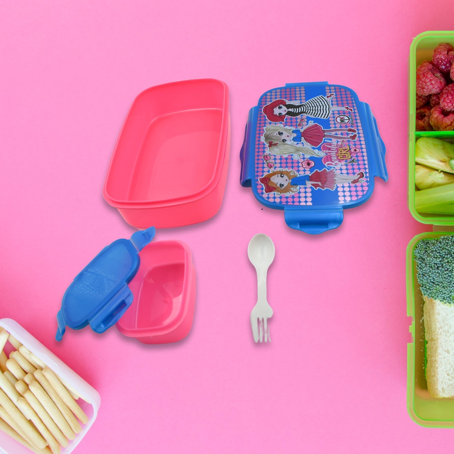 Cartoon Printed Plastic Lunch Box With Inside Small Box & Spoon for Kids, Air Tight Lunch Tiffin Box for Girls Boys, Food Container, Specially Designed for School Going Boys and Girls - Bhavnagar Deodap