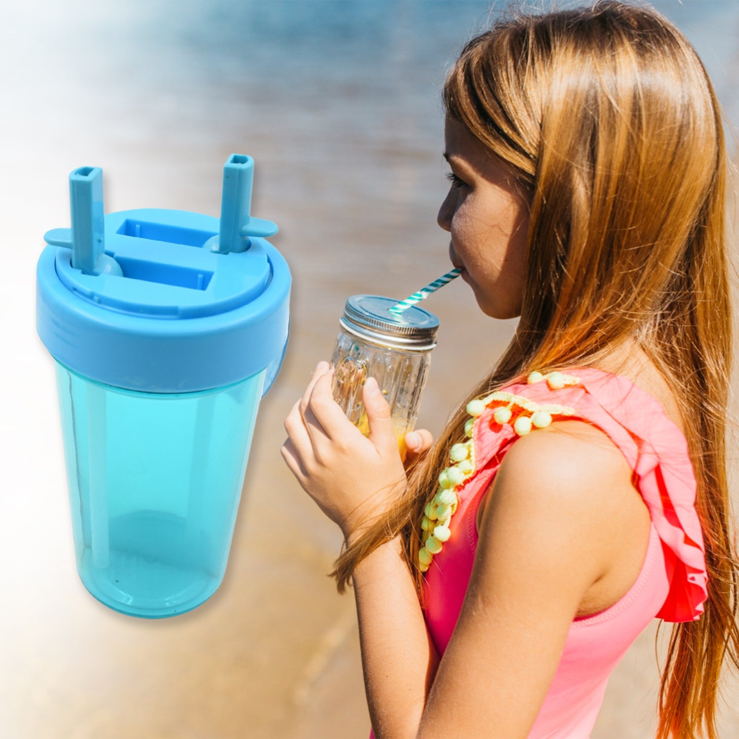 2 Drinks in 1 Cup Water Bottle, Stable Sturdy Dual Use Bottle 2 Straws for Shopping Travel for Outdoor Activities (1 Pc) - Bhavnagar Deodap