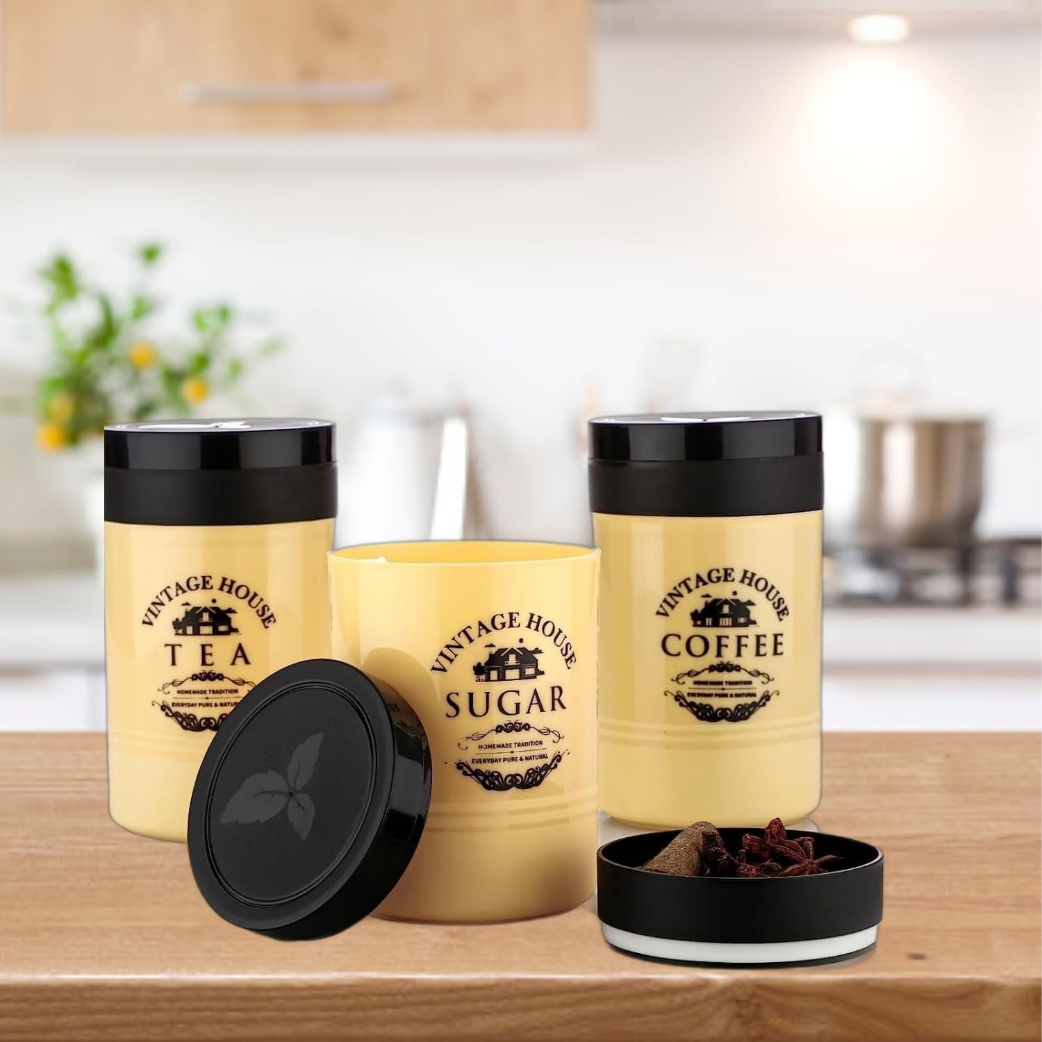 Accurate Seal Tea Sugar Coffee Container - 3 Pcs Plastic Damru Shaped Tea, Coffee, Sugar Canisters Jar, New Airtight Food Seal Containers for Salt, Dry Fruit, Grocery Multicolor (3 Pcs Set) - Bhavnagar Deodap