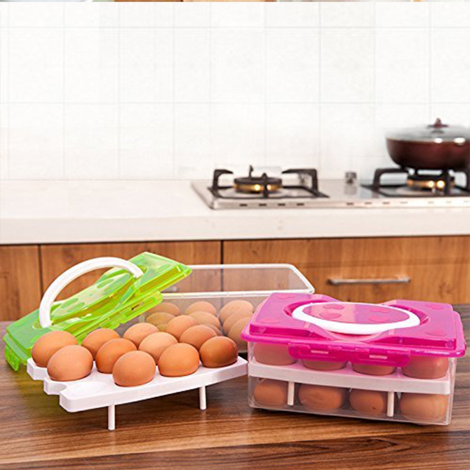 2Layer, 32 Grid Egg Tray with Lid Egg Carrier Holder for Refrigerator, Camping Food Storage Container with Handle (1 Pc ) - Bhavnagar Deodap