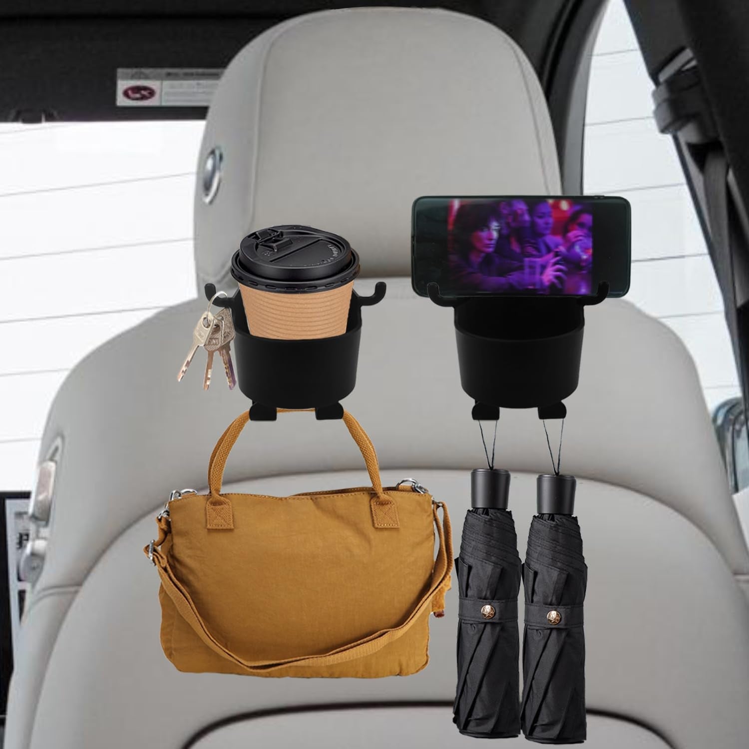 Car Headrest Backseat Organizer, 3 in 1 Automotive Cell Phone Drink cupholder Adapter with Headrest Hooks for Kids and Adults, Multifunctional Storage for Car Travel Accessories - Bhavnagar Deodap